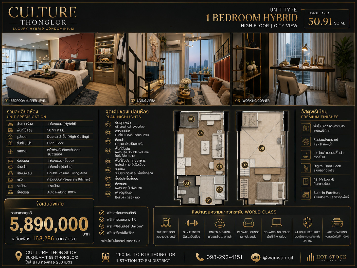 🔥 𝐇𝐎𝐓 𝐇𝐘𝐁𝐑𝐈𝐃 𝐃𝐄𝐀𝐋 🔥 | 𝐂𝐔𝐋𝐓𝐔𝐑𝐄 𝐓𝐇𝐎𝐍𝐆𝐋𝐎𝐑 ชีวิตเหนือระดับกลางทองหล่อ! 1 Bedroom Hybrid 20+15 ตร.ม. ชั้นสูง วิวเมือง ราคาเพียง 5.89 ล้าน 💎 📱 088-799-7895 – รูปที่ 4