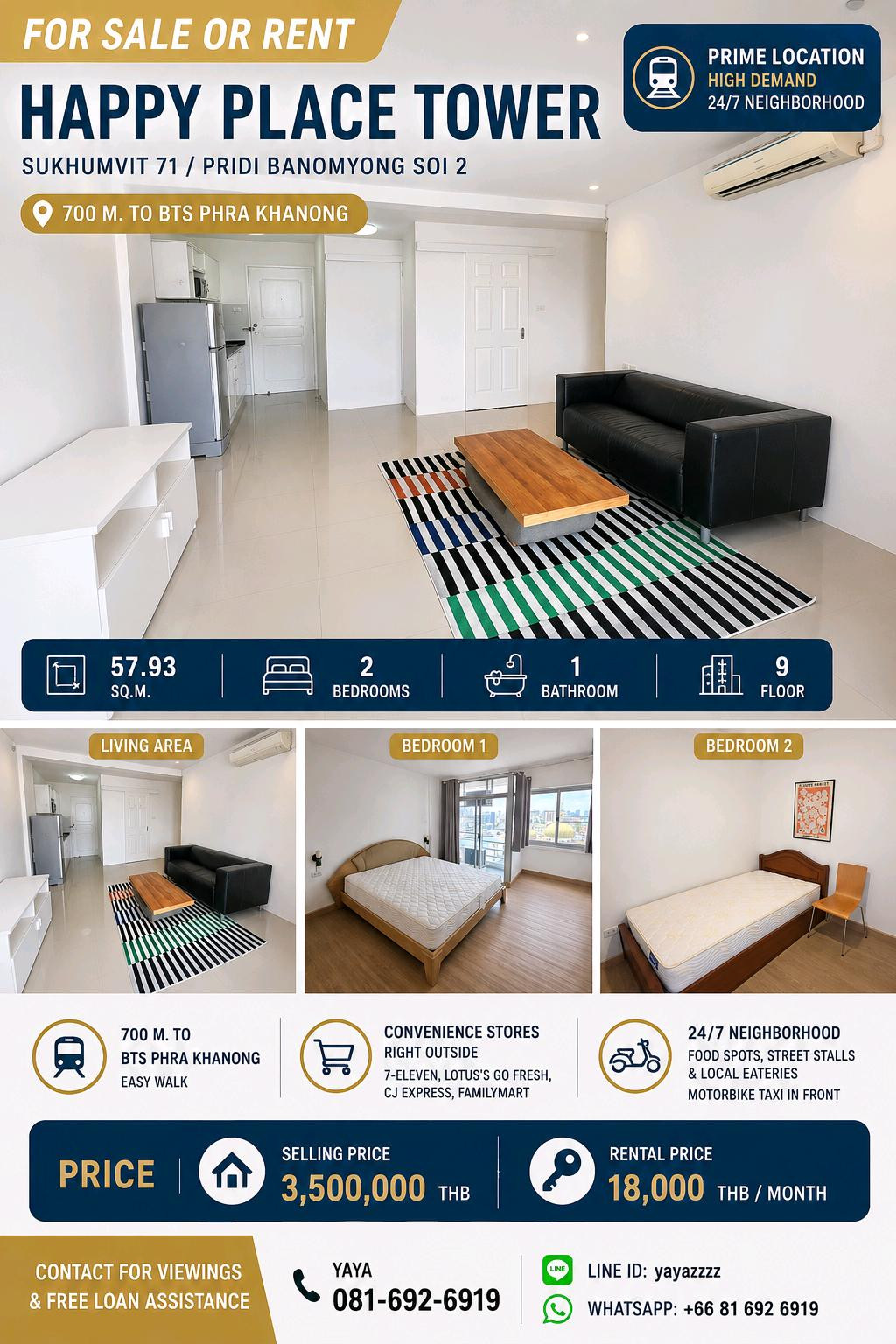 FOR SALE OR RENT: Happy Place Tower (Sukhumvit 71 / Pridi Banomyong Soi 2) Prime location — Only 700 meters from BTS Phra Khanong! FOR SALE OR RENT: Happy Place Tower (Sukhumvit 71 / Pridi Banomyong Soi 2) Prime location — Only 700 meters from BTS Phra Khanong!