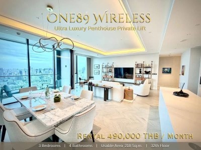 🔥For Rent Now🔥 Luxury Penthouse One 89 Wireless, 218 sq.m., 3 bedrooms, 32nd floor, unobstructed view, near One Bangkok.