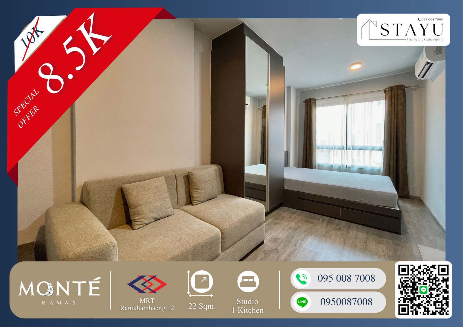 🔥🔥Best price in the building!! Complete with furniture and electrical appliances as shown in the picture!!  You cant find it at this price. There is only one room!! If contact quickly before the room is reserved!! Monte Rama 9, MRT Ramkhamhang