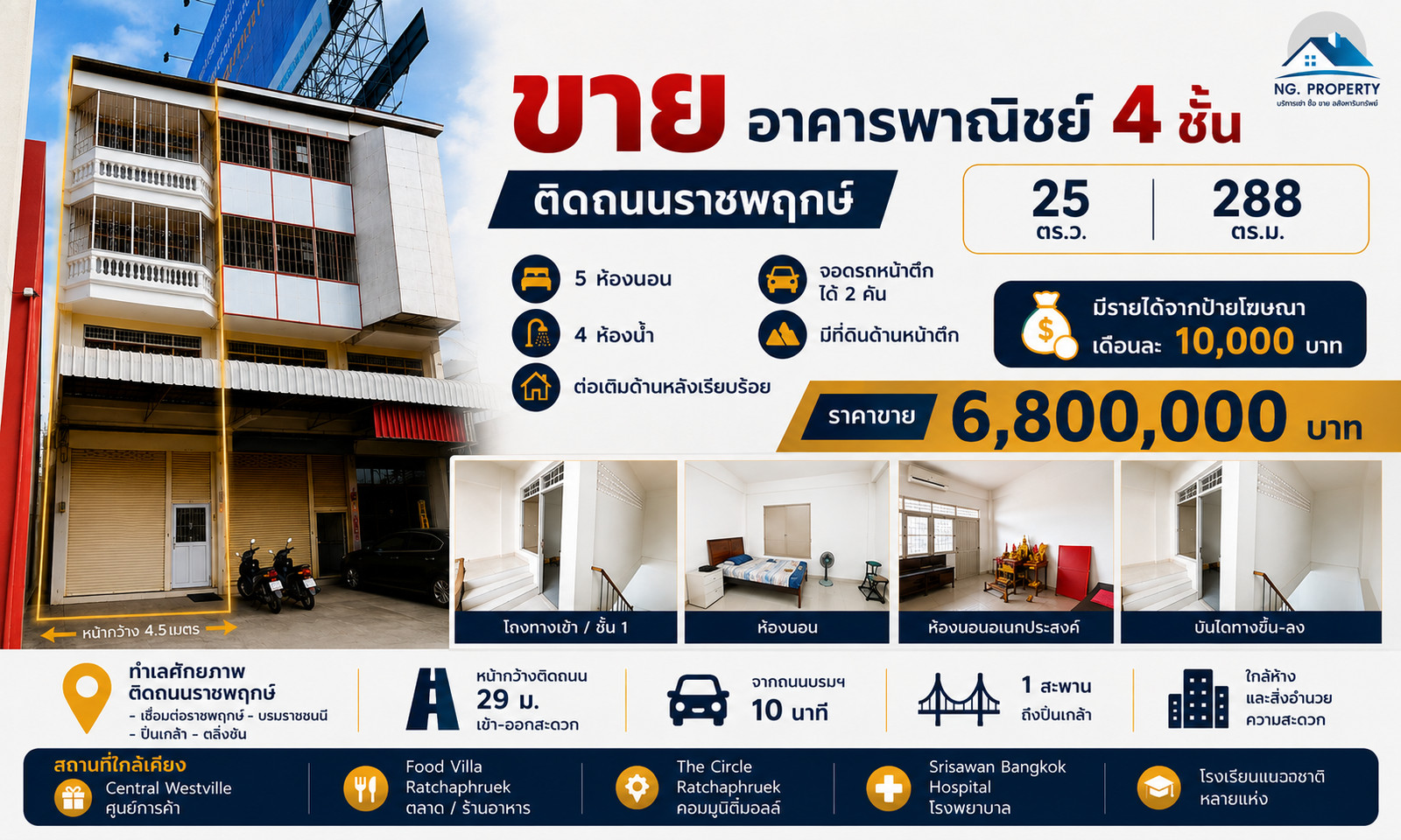ขายอาคารพาณิชย์ 4 ชั้น ติดถนนราชพฤกษ์ ตลิ่งชัน 25 ตร.ว. พร้อมรายได้ป้ายโฆษณา