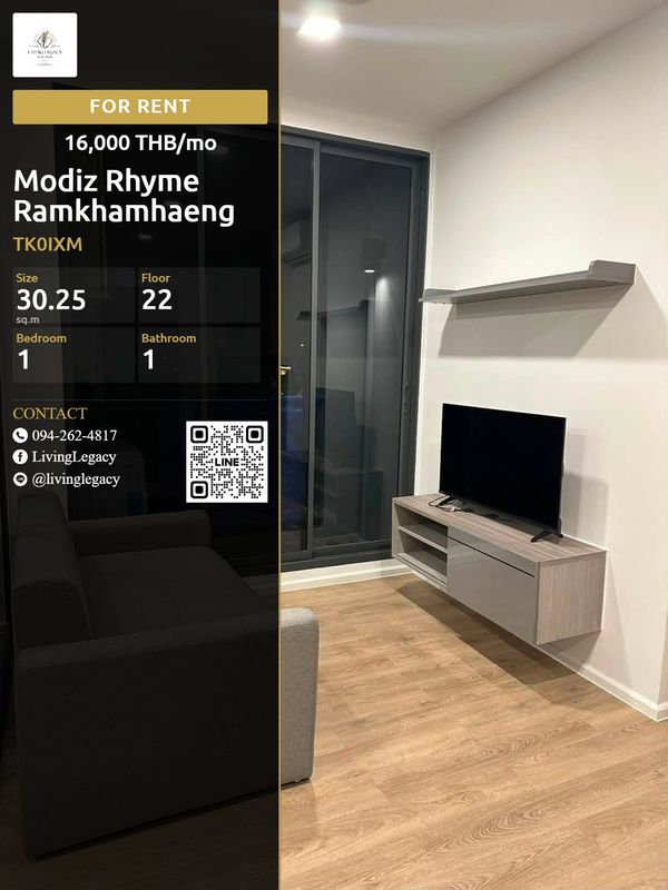 TK0IXM | Modiz Rhyme Ramkhamhaeng Floor 22 | 1 Bed 30.25 sqm | 16,000 THB/mo