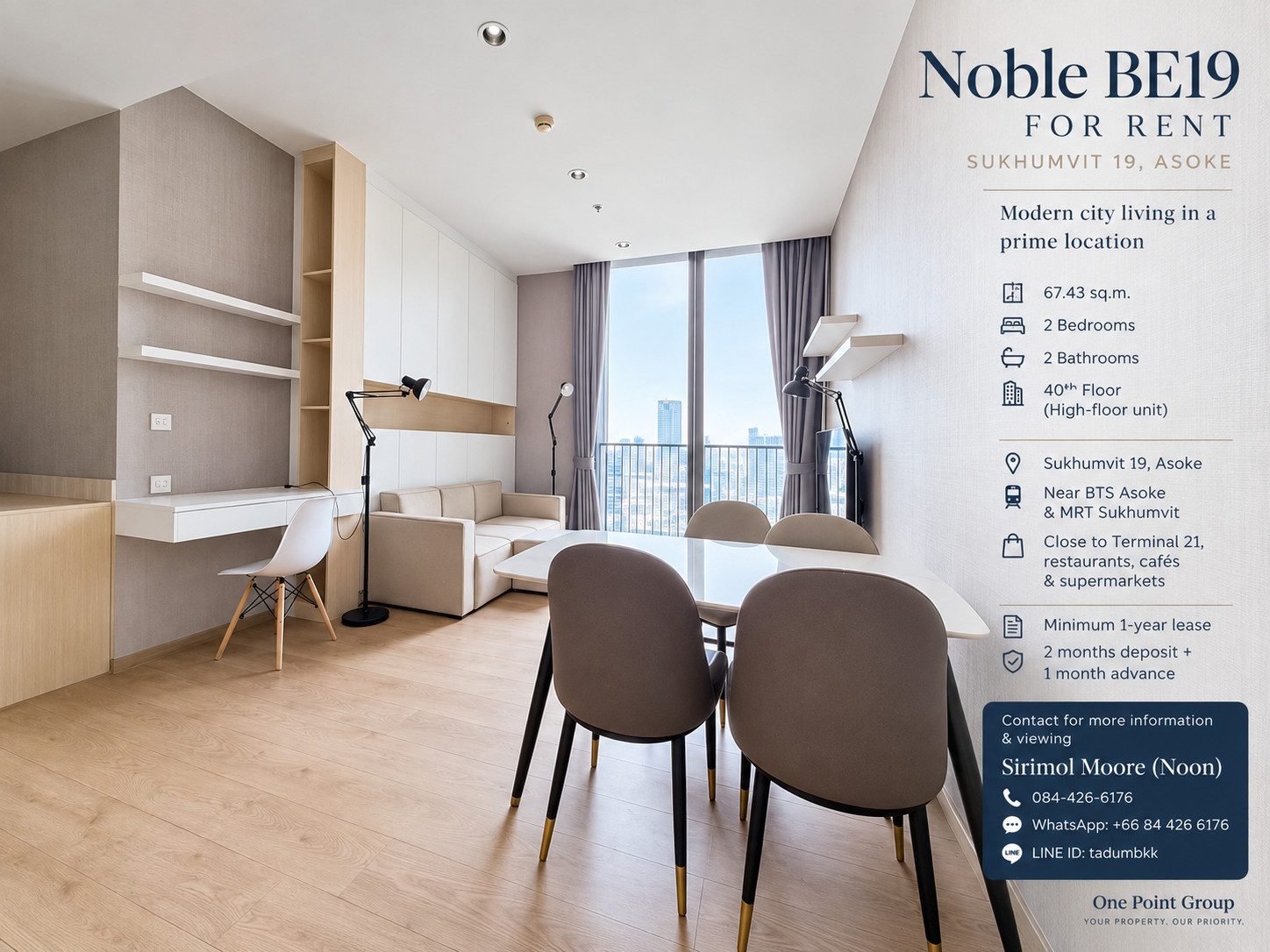 Noble BE19 for Rent | 2BR 2BA | 67.43 Sq.m. | 40th Floor | 45,000 THB/Month