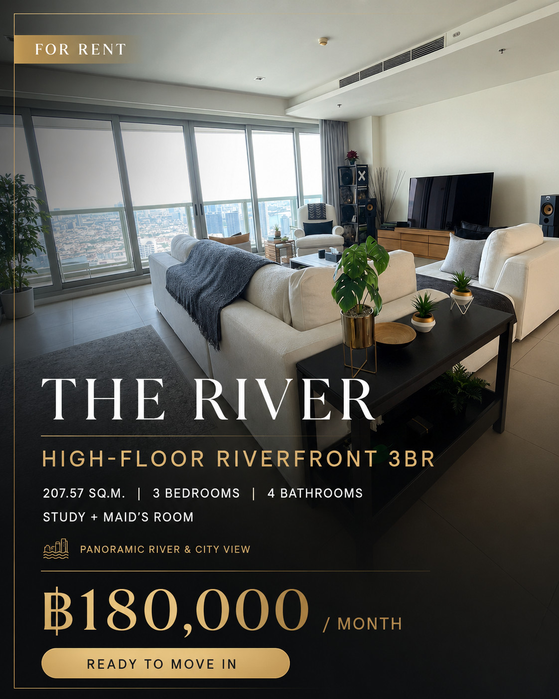 🌊 High-Floor Riverfront 3BR | 207 sqm | ฿180,000