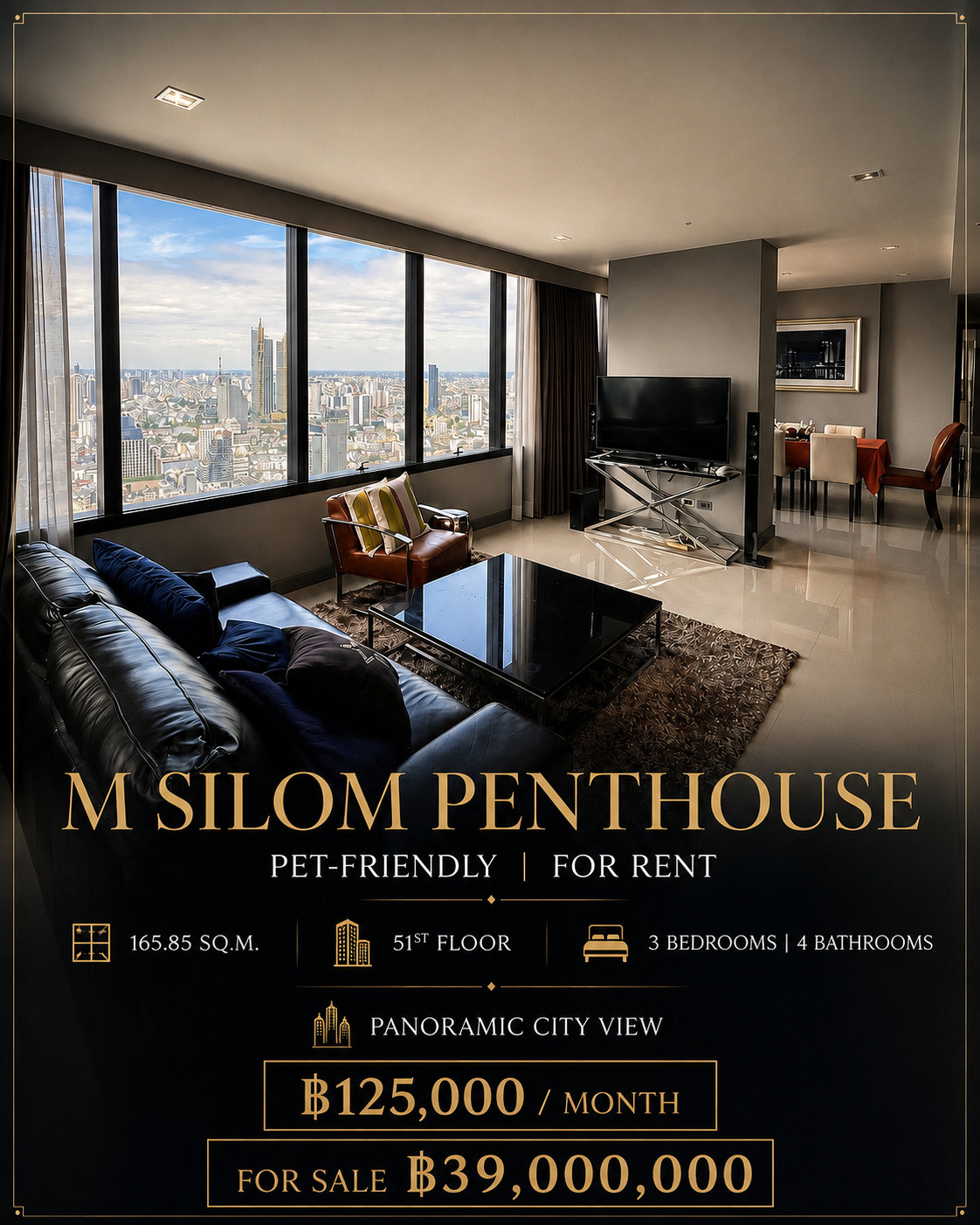🐾 Pet-Friendly 3BR Penthouse in Silom CBD | RENT 125k / SALE 39M 🐾 Pet-Friendly 3BR Penthouse in Silom CBD | RENT 125k / SALE 39M