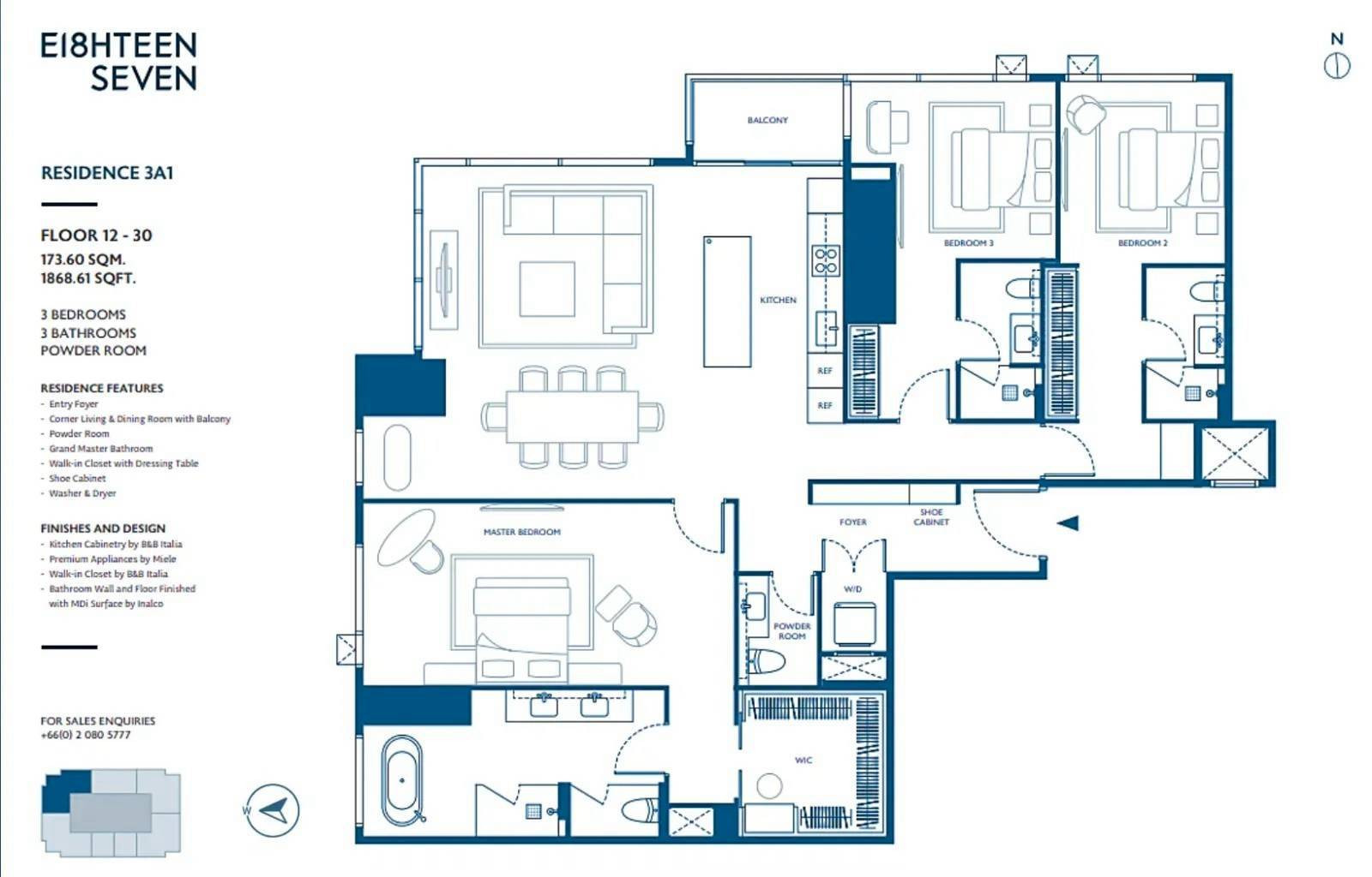 ❖ Grand Master Suite ❖ with Walk-In Closet and Dressing Area | 25+ Floor, 173.60 sq.m. | 3 Bedrooms | Located within One Bangkok | Near One Bangkok, Lumphini Park 1 min, MRT Lumphini 2 mins