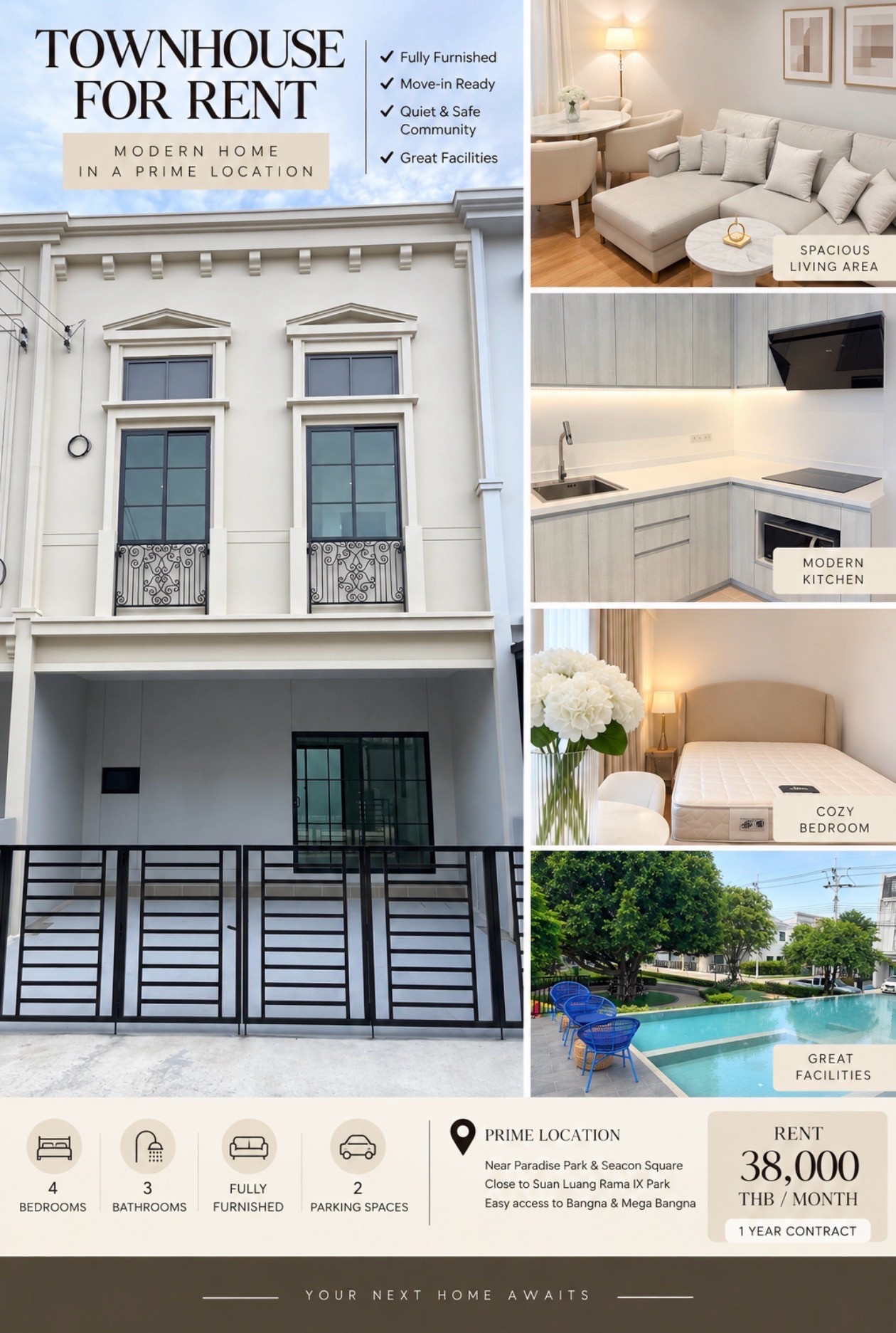 ❌บ้านให้เช่าแล้วค่ะ📍ทาวน์เฮ้าส์ตกแต่งสวย เฟอร์ครบให้เช่า ใกล้paradise park
