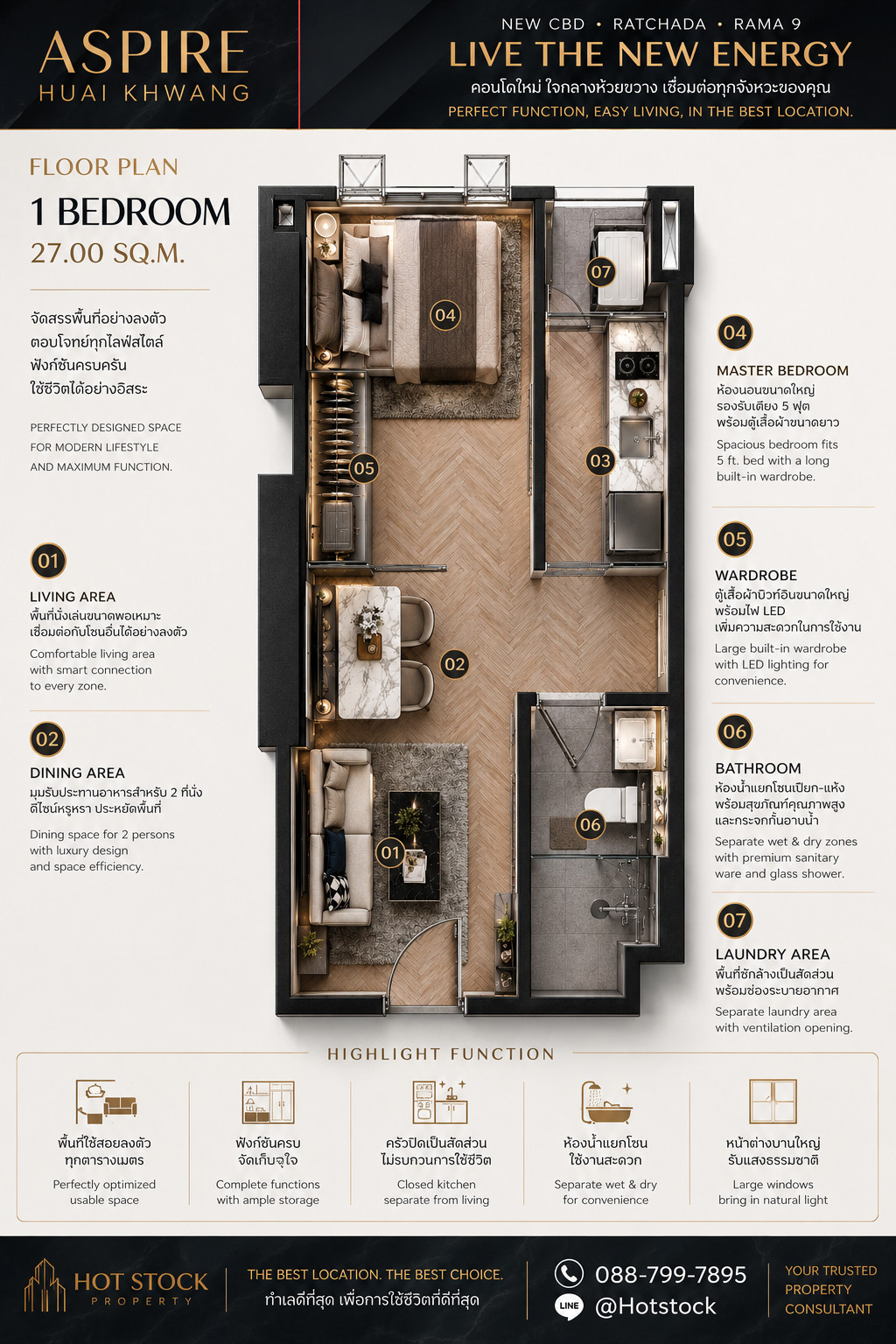 🔥 𝐇𝐎𝐓 𝐃𝐄𝐀𝐋 🔥 | 𝐀𝐒𝐏𝐈𝐑𝐄 Huai Khwang Condo New CBD Ratchada-Rama 9 | 1 bedroom 27 sq m. Price only 2.838 million 💎 📱 088-799-7895 – รูปที่ 3
