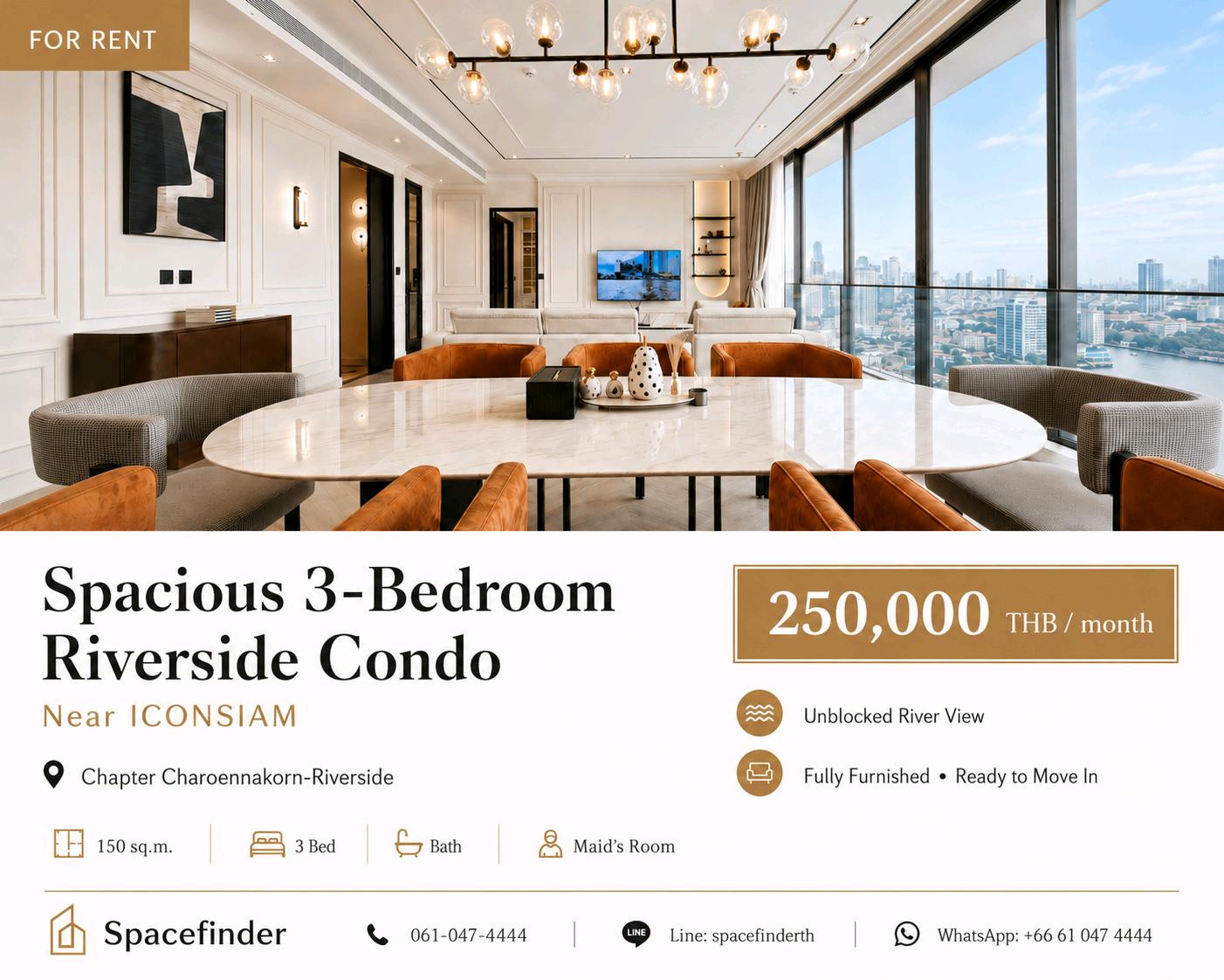 🌟 Spacious 3-Bedroom Riverside Condo with Maid’s Room for Rent near ICONSIAM 🌟 Spacious 3-Bedroom Riverside Condo with Maid’s Room for Rent near ICONSIAM