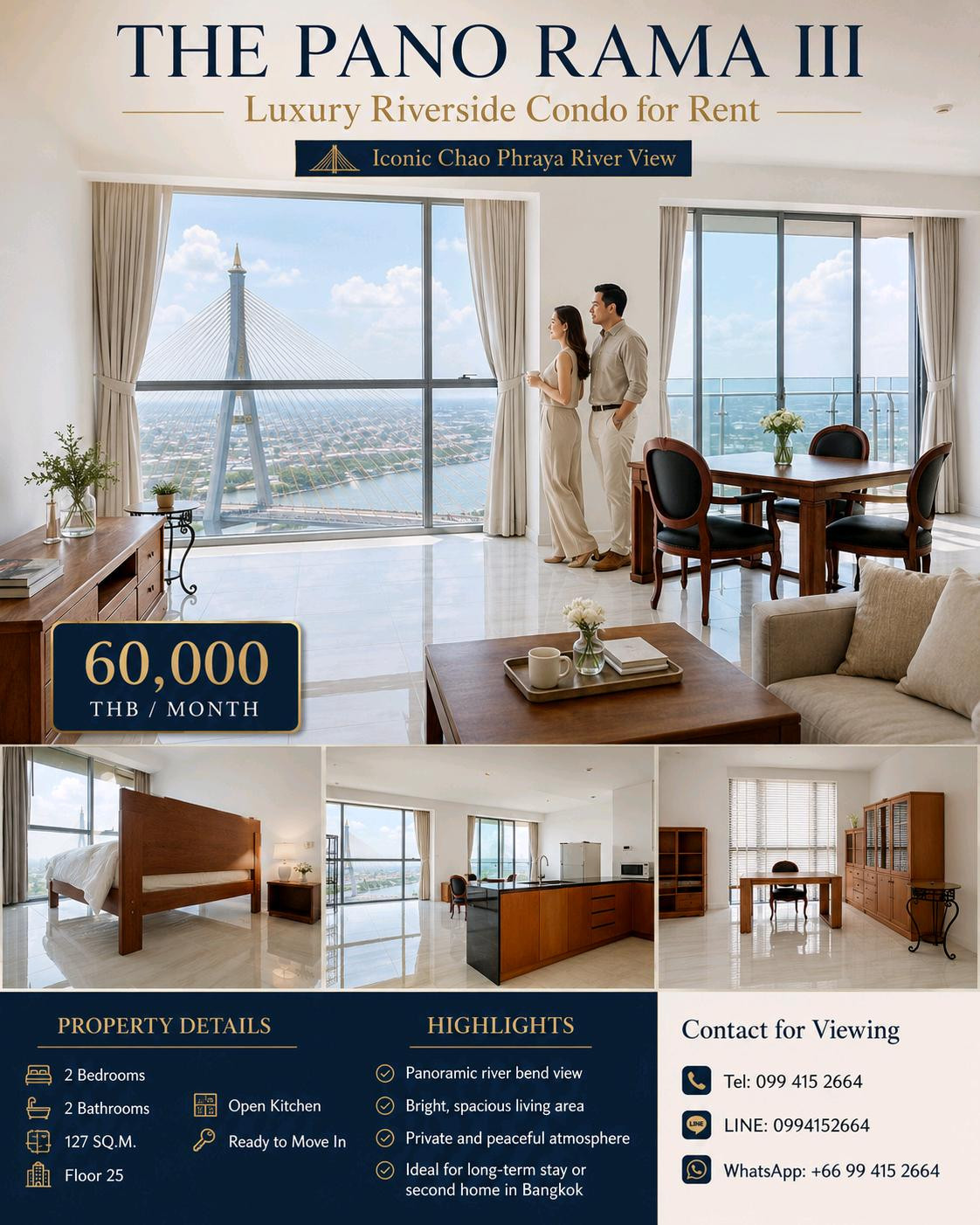 Luxury Riverside Condo for Rent 127 SQ.M 2-Bedroom Stunning panoramic view of the Chao Phraya River on 25th Floor Contact 📞099-415-2664 Luxury Riverside Condo for Rent 127 SQ.M 2-Bedroom Stunning panoramic view of the Chao Phraya River on 25th Floor Contact 📞099-415-2664