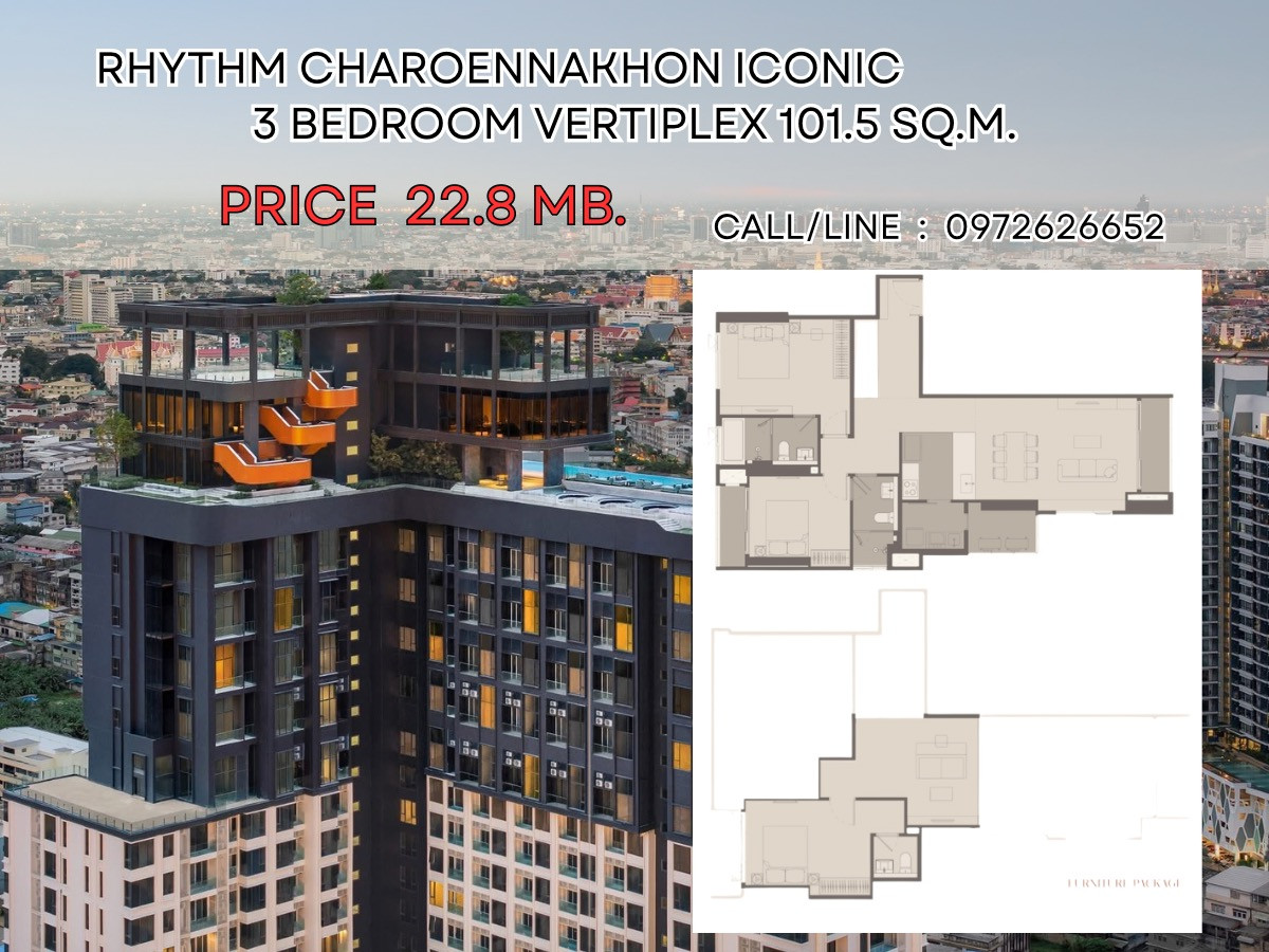 Selling down payment on Vertiplex room | Rhythm Charoenkrung Pavillion, 3 bedrooms, 3 bathrooms, high floor, Icon Siam view, first price 📞0972626652