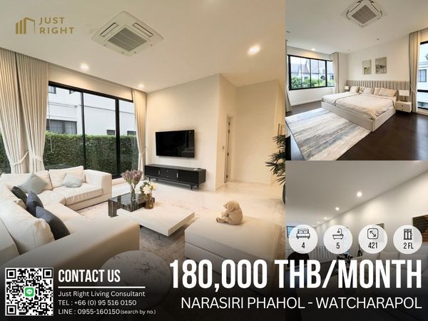 For rent, Narasiri Phahol-Watcharapol, 4 bedroom, 5 bathroom, size around 421 sq.m/ 105.25 sq.w, 2 Floor, Fully Furnished, only 180,000/m, 1 year contract only.