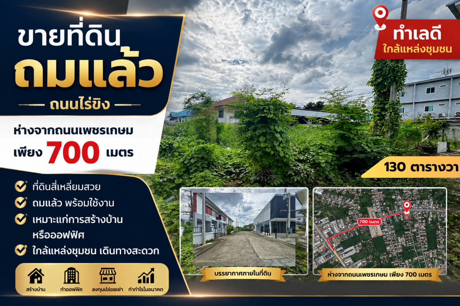 Land for sale, Sam Phran, Tha Talat, Rai Khing Road, 130 square wah, ready to use. Land for sale, Sam Phran, Tha Talat, Rai Khing Road, 130 square wah, ready to use.