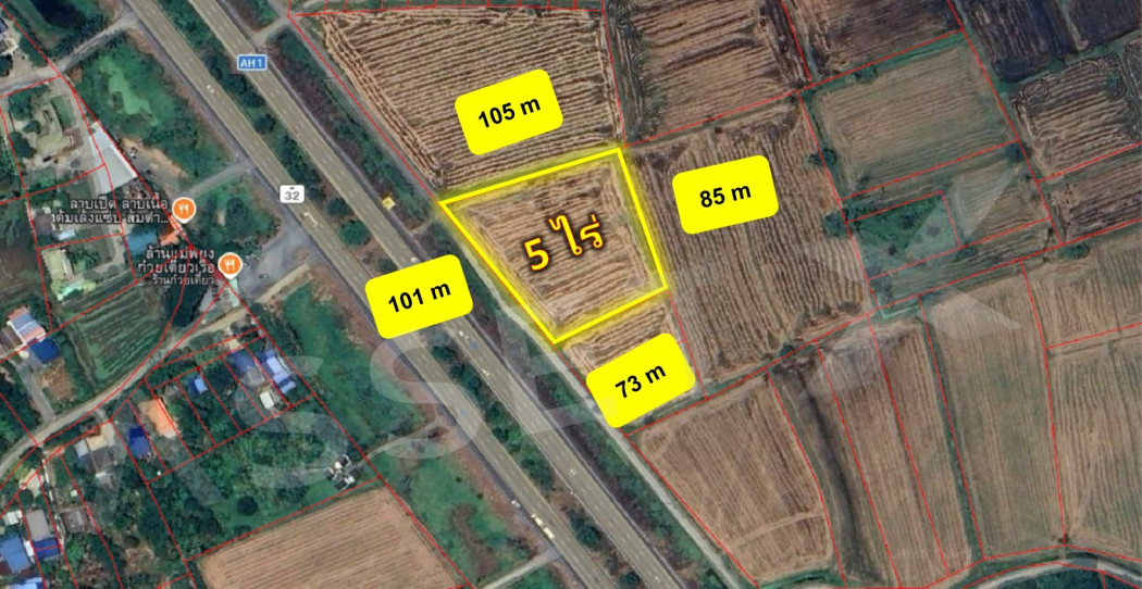Land for sale, large plot, green city plan Next to Road No. 32, 5 rai, In Buri District, Sing Buri Province, inbound side of Bangkok, width up to 101 meters.
