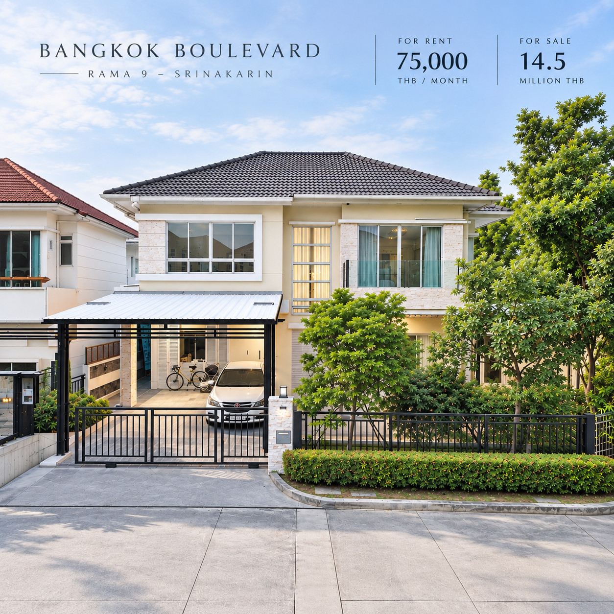 เช่า/ขาย Bangkok Boulevard พระราม 9 | หลังมุม 65 ตร.ว. ใกล้ Wellington เพียง ~200 ม. | เช่า 75,000 | ขาย 14.5 ลบ.