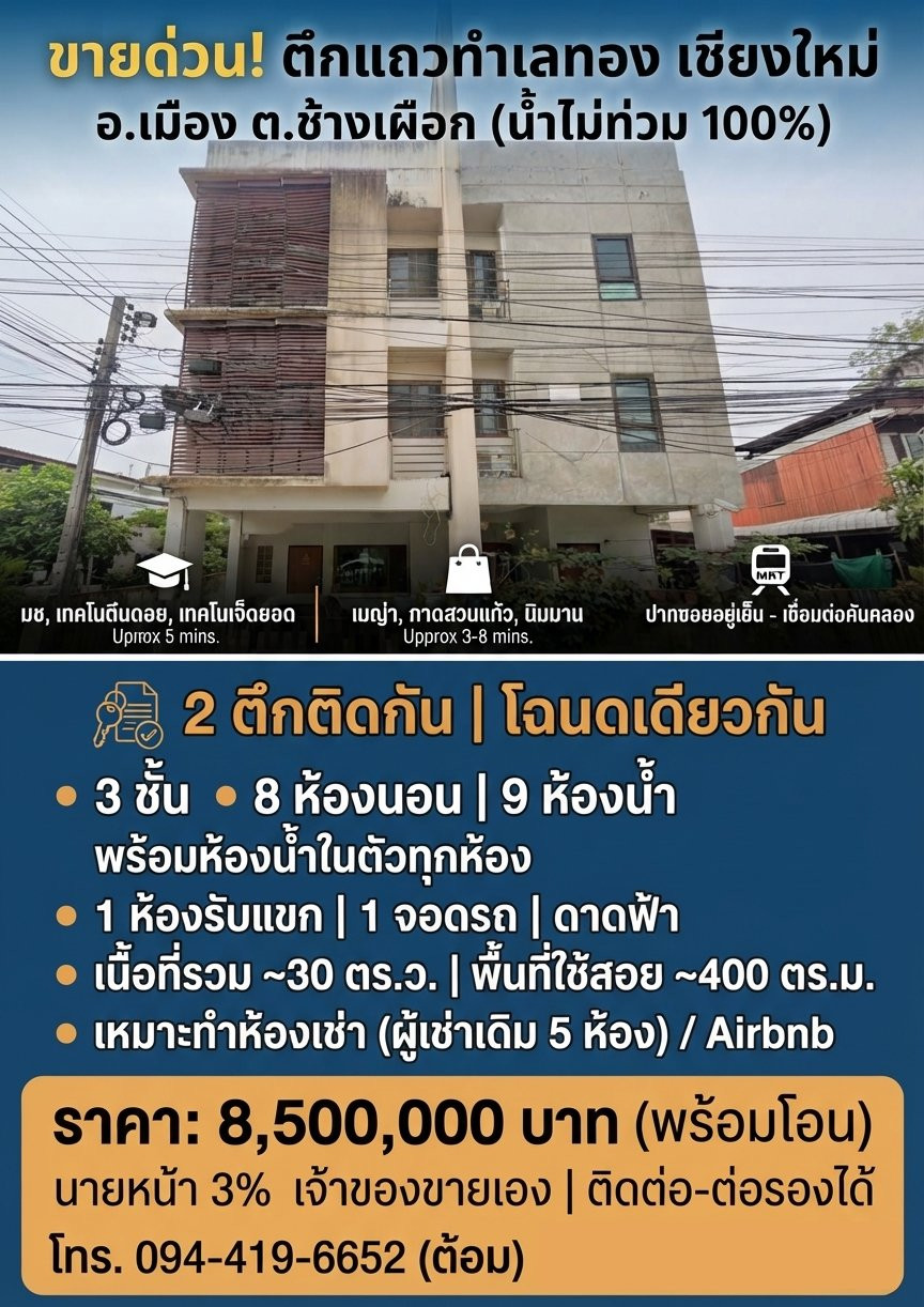 Building for sale, Mueang District, Chang Phueak Subdistrict, Chiang Mai Province (not flooded)