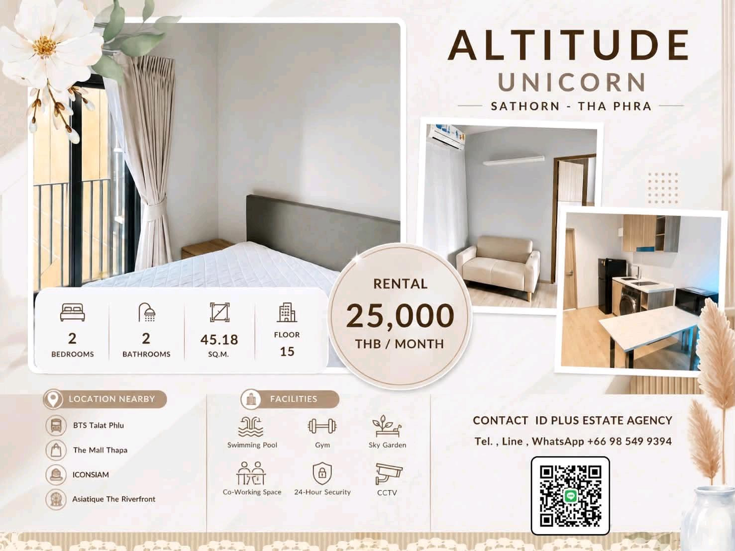 🏢 Condo room for Rent | Altitude Unicorn Sathorn-Tha Phra @ Next to Talat Phlu @ 📍 Location: Sathorn-Than Phra 💰 Rental Price: 25k. 📐 Size: 45.18 sq.m 🛏️ Type: 2 bedrooms 2 bathrooms 🏙️ Floor: 15 🏢 Condo room for Rent | Altitude Unicorn Sathorn-Tha Phra @ Next to Talat Phlu @ 📍 Location: Sathorn-Than Phra 💰 Rental Price: 25k. 📐 Size: 45.18 sq.m 🛏️ Type: 2 bedrooms 2 bathrooms 🏙️ Floor: 15
