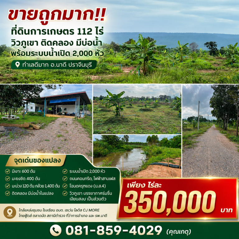 ขายถูกมาก!! ที่ดินการเกษตร 112 ไร่ วิวภูเขา ติดคลอง มีบ่อน้ำ พร้อมระบบน้ำเปิด 2,000 หัว ทำเลดีมาก อ.นาดี ปราจีนบุรี ขายถูกมาก!! ที่ดินการเกษตร 112 ไร่ วิวภูเขา ติดคลอง มีบ่อน้ำ พร้อมระบบน้ำเปิด 2,000 หัว ทำเลดีมาก อ.นาดี ปราจีนบุรี