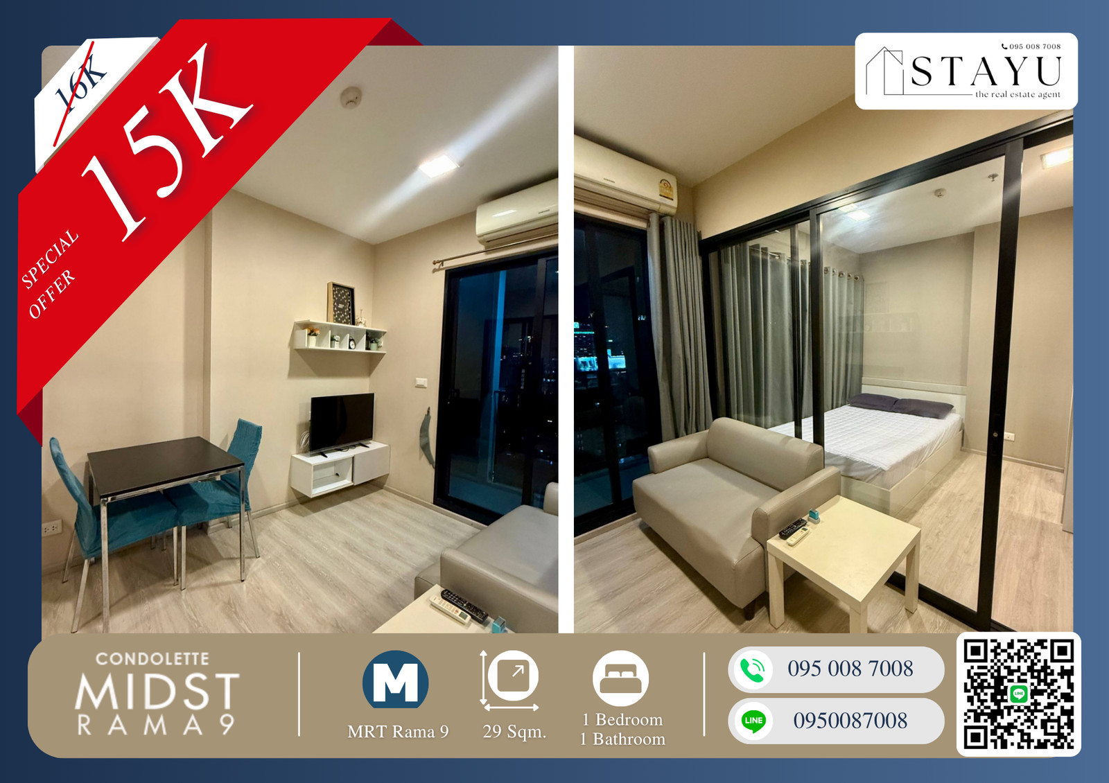 🔥🔥 Best Price in the Building!! Contact Now Before It’s Gone!! Once It’s Gone, It’s Gone!! Beautiful room!! Fully furnished with complete electrical appliances!! Prime location!! Condolette Midst Rama 9, next to MRT Phra Ram 9, Central Rama 9, Fortune