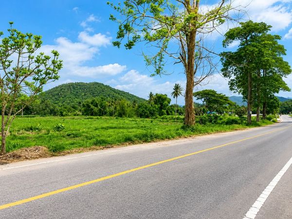 Land for sale, 6 rai 2 ngan 77 sq m, next to the main road, corner plot, mountain view, next to a natural canal, good location.