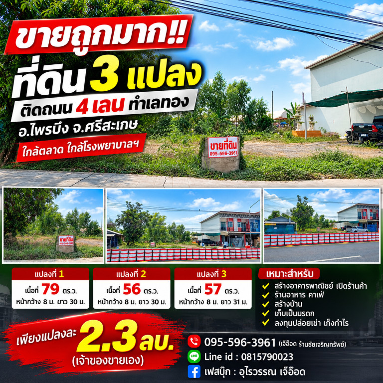 ขายถูกมาก!! ที่ดิน 3 แปลง 56 57 79 ตร.ว. ติดถนน 4 เลน ทำเลทอง อ.ไพรบึง จ.ศรีสะเกษ ใกล้ตลาด โรงพยาบาลฯ ขายถูกมาก!! ที่ดิน 3 แปลง 56 57 79 ตร.ว. ติดถนน 4 เลน ทำเลทอง อ.ไพรบึง จ.ศรีสะเกษ ใกล้ตลาด โรงพยาบาลฯ