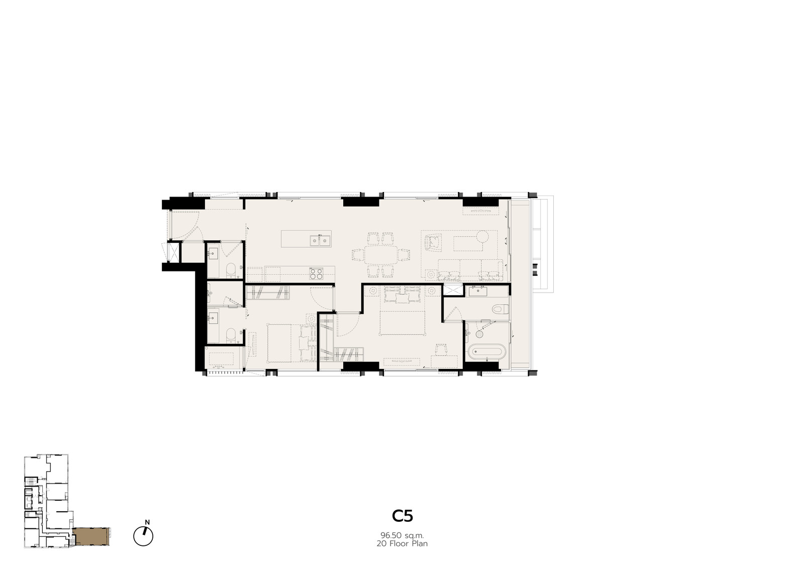 2 Bed 3 Bath | Sky Villa with LONG BALCONY | 96.5 sq.m. HIGH Floor | 29.9 MB
