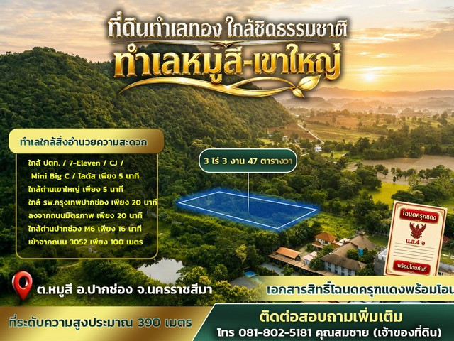 ที่ดินทำเลทอง 3 ไร่ 3 งาน 47 ตารางวา หมู่สี–เขาใหญ่ ใกล้ชิดธรรมชาติ บรรยากาศดี วิวเขาสวย ทำเลศักยภาพสูงในโซนเขาใหญ่ 