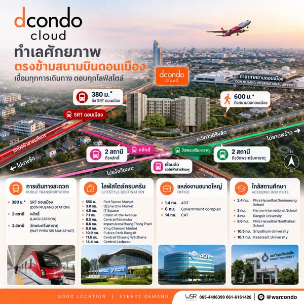 D Condo Cloud Don Mueang, great investment location near Don Mueang Airport, fully furnished, high yield 6-7%* starting at 1.39 million baht. Line: @wsrcondo call 061-6161426