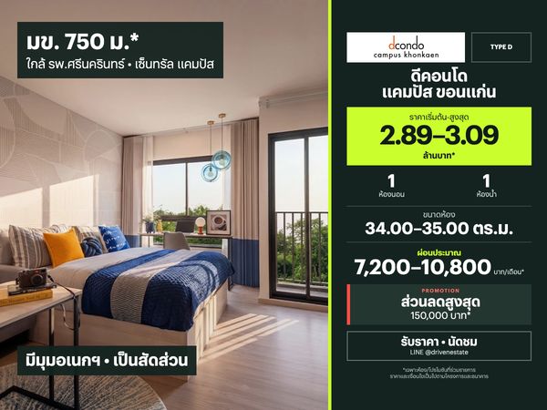 ขายดีคอนโด แคมปัส ขอนแก่น Type D 1 ห้องนอน 34.00–35.00 ตร.ม. ราคา 2.89–3.09 ล้าน*