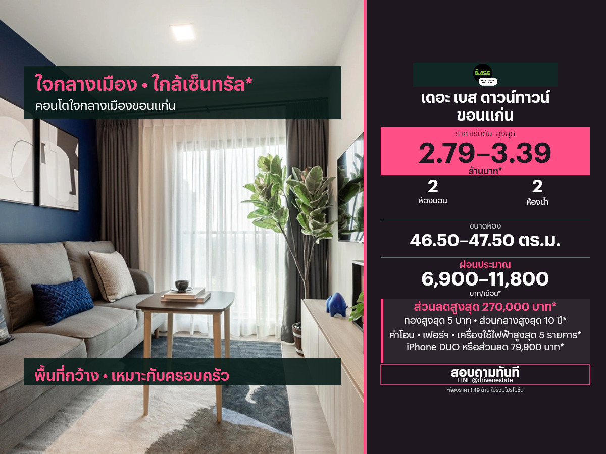 ขายคอนโด เดอะ เบส ดาวน์ทาวน์ ขอนแก่น 46.50–47.50 ตร.ม.