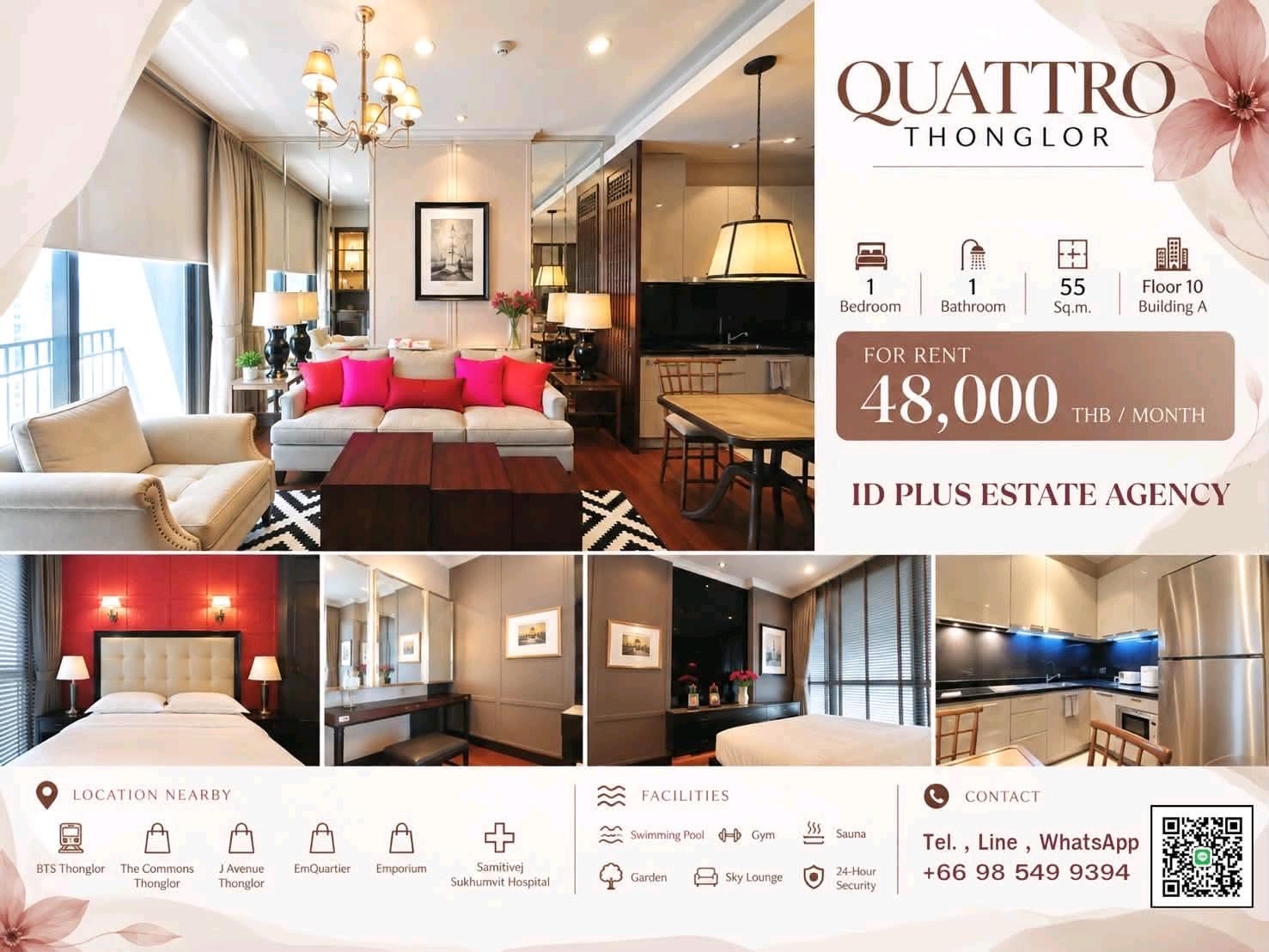 🏢 Condo room for Rent | Quattro Thonglor   @  🚶🏻‍♂️walk 6 mins. to BTS Thonglor @  📍 Location: Thonglor   💰  Rental Price: 48k.  📐 Size: 55 sq.m  🛏️ Type: 1 bedroom 1 bathroom  🏙️ Floor:  10 