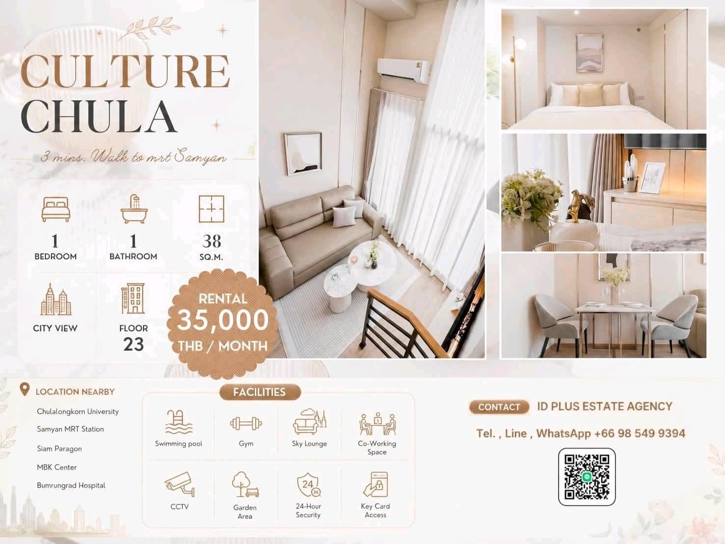 🏢 Condo room for Rent | Culture Chula @ 🚶🏻♂️walk few mins. to MRT Samyan @ 📍 Location: Chula-Samyan 💰 Rental Price: 35k. 📐 Size: 38 sq.m 🛏️ Type: 1 bedroom 1 bathroom 🏙️ Floor: 23 (city view) 🏢 Condo room for Rent | Culture Chula @ 🚶🏻♂️walk few mins. to MRT Samyan @ 📍 Location: Chula-Samyan 💰 Rental Price: 35k. 📐 Size: 38 sq.m 🛏️ Type: 1 bedroom 1 bathroom 🏙️ Floor: 23 (city view)