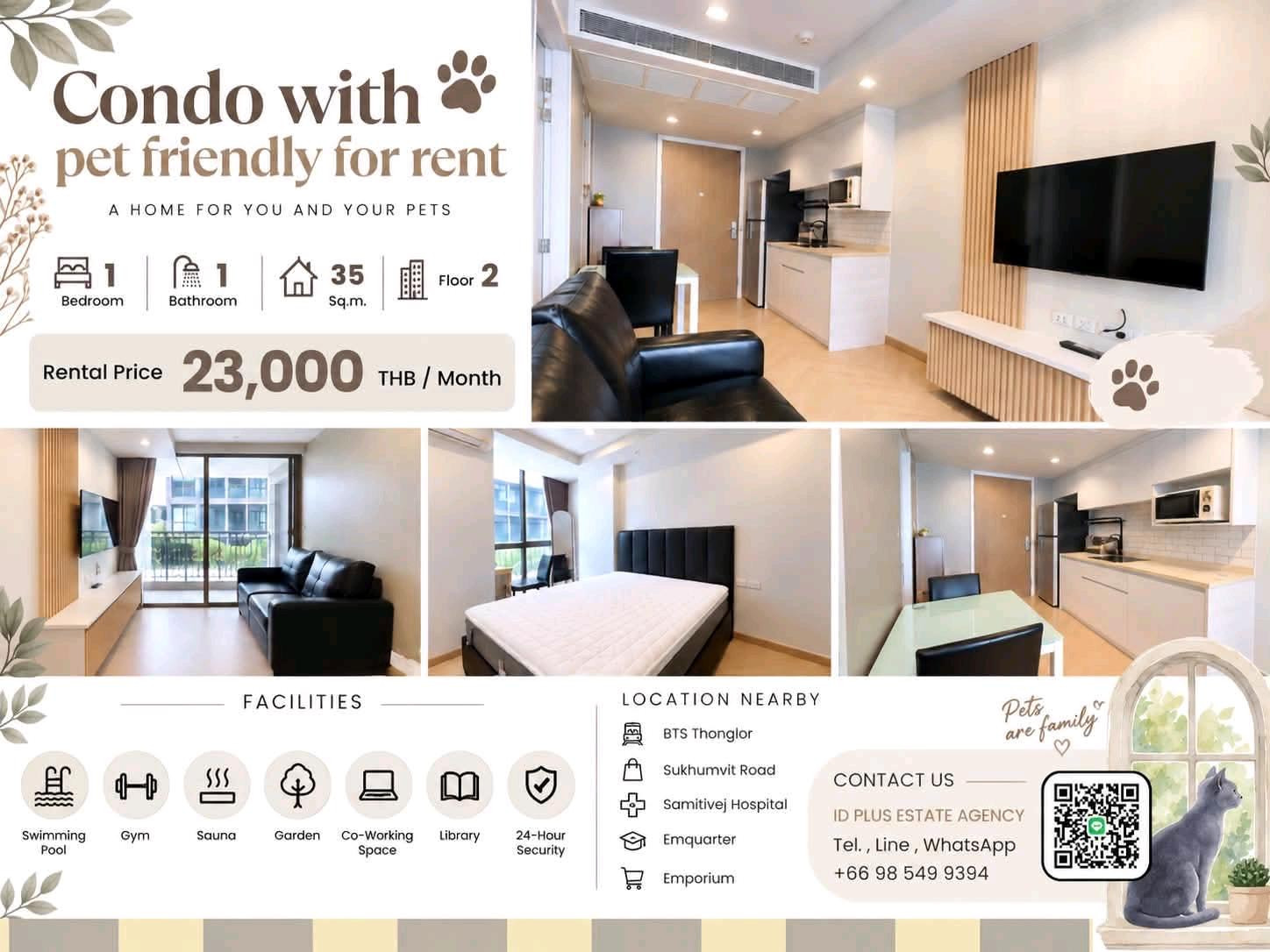 🏢 Condo room for Rent | Pet friendly 🐈 @ walk 8 mins. to Samitivej Hospital @ 📍 Location: Sukhumvit 49 💰 Rental Price: 23k. 📐 Size: 35 sq.m 🛏️ Type: 1 bedroom 1 bathroom 🏙️ Floor: 2 🏢 Condo room for Rent | Pet friendly 🐈 @ walk 8 mins. to Samitivej Hospital @ 📍 Location: Sukhumvit 49 💰 Rental Price: 23k. 📐 Size: 35 sq.m 🛏️ Type: 1 bedroom 1 bathroom 🏙️ Floor: 2