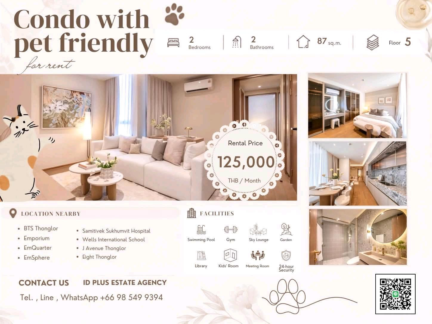 🏢 Condo room for Rent | pet friendly 🐈 @ walk 5 mins. to BTS Thonglor @ 📍 Location: Thonglor - Sukhumvit 34 💰 Rental Price: 125k. 📐 Size: 87 sq.m 🛏️ Type: 2 bedrooms 2 bathrooms 🏙️ Floor: 5 🏢 Condo room for Rent | pet friendly 🐈 @ walk 5 mins. to BTS Thonglor @ 📍 Location: Thonglor - Sukhumvit 34 💰 Rental Price: 125k. 📐 Size: 87 sq.m 🛏️ Type: 2 bedrooms 2 bathrooms 🏙️ Floor: 5