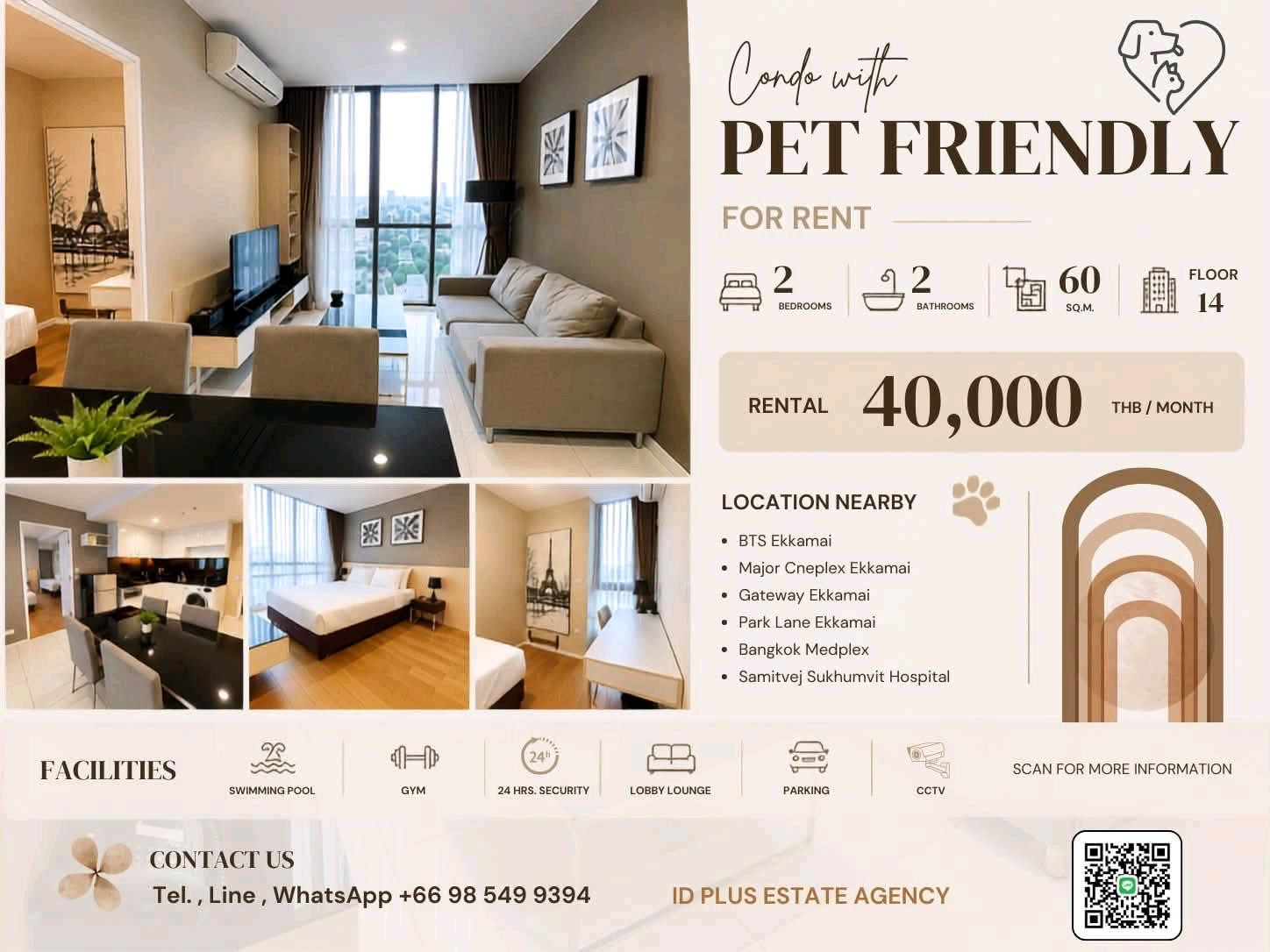 🏢 Condo room for Rent | Pet Friendly @ 🚶🏻♂️walk 7 mins. to Camillian Hospital @ 📍 Location: Ekkamai 💰 Rental Price: 40k. 📐 Size: 60 sq.m 🛏️ Type: 2 bedrooms 2 bathrooms 🏙️ Floor: 14 🏢 Condo room for Rent | Pet Friendly @ 🚶🏻♂️walk 7 mins. to Camillian Hospital @ 📍 Location: Ekkamai 💰 Rental Price: 40k. 📐 Size: 60 sq.m 🛏️ Type: 2 bedrooms 2 bathrooms 🏙️ Floor: 14