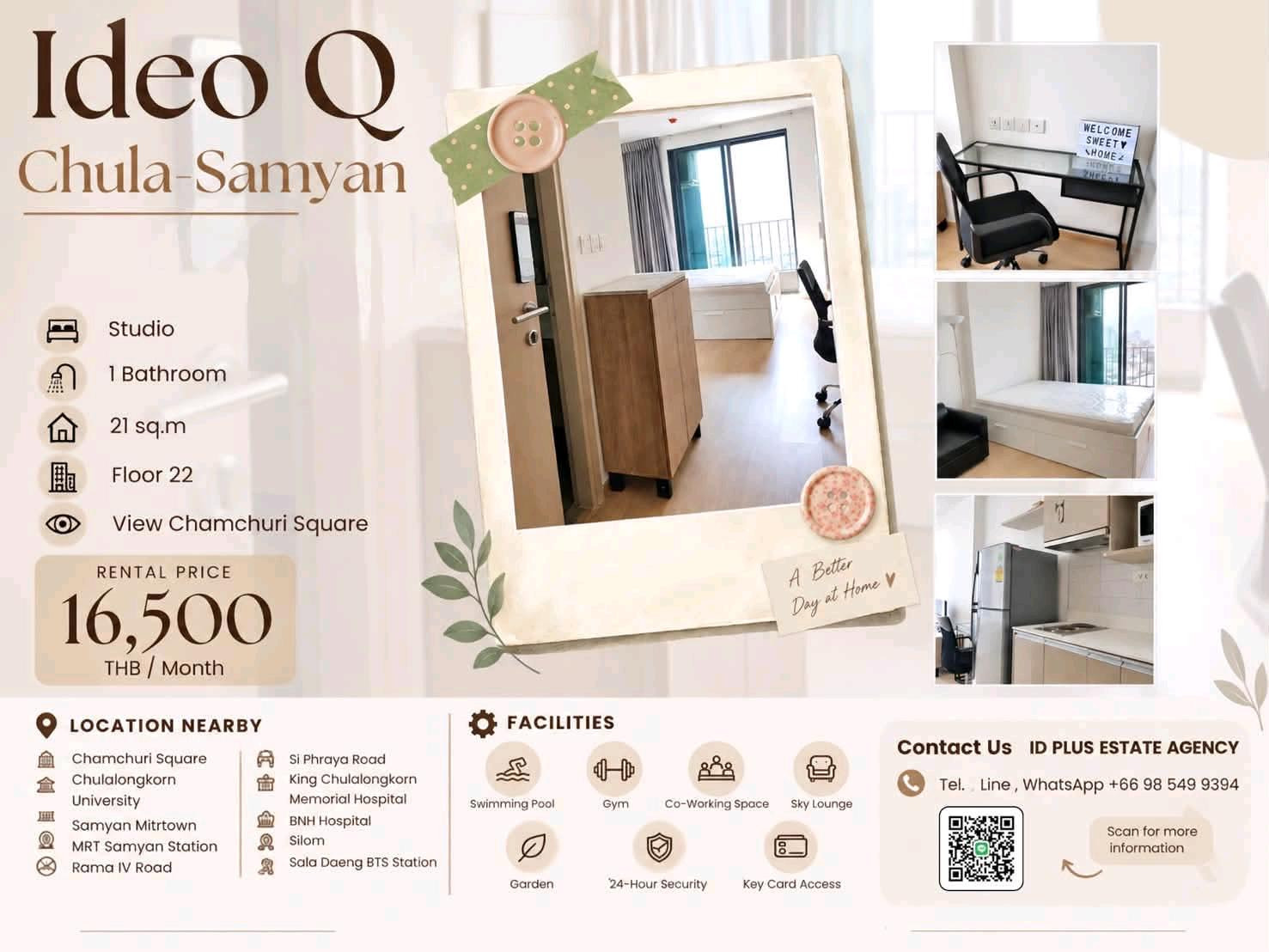 🏢 Condo room for Rent | Ideo Q Chula Samyan @ 🚶🏻‍♂️walk few mins. to MRT Samyan @ 📍 Location: Chula-Samyan 💰 Rental Price: 16.5k.  📐 Size: 21 sq.m 🛏️ Type: Studio 🌃 Floor: 22 (Chamchuri square view)