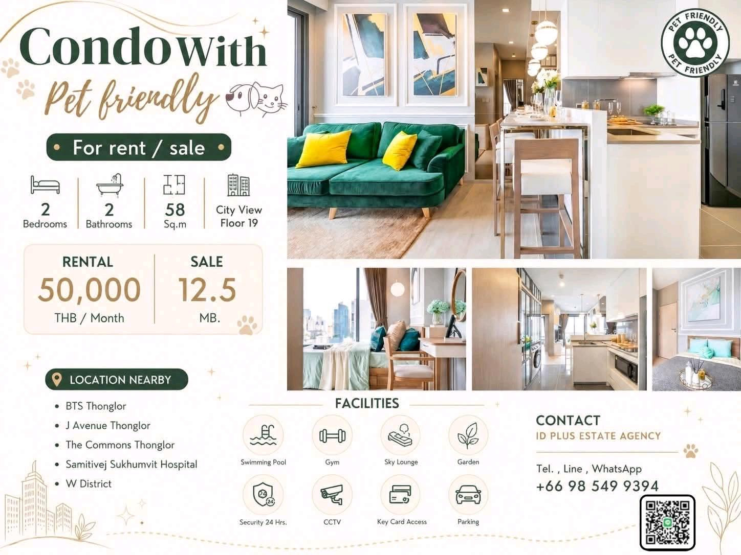 🏢 Condo room for Rent / Sale | Pet friendly 🐈 @ Only 1.7 Km. To BTS Thonglor @ 📍 Location: Thonglor 💰 Rental Only for 50k. / Sale Only for 12.5MB.  📐 Size: 58 sq.m 🛏️ Type: 2 bedrooms 2 bathrooms (corner room) 🏙️ Floor: 19 (city view)