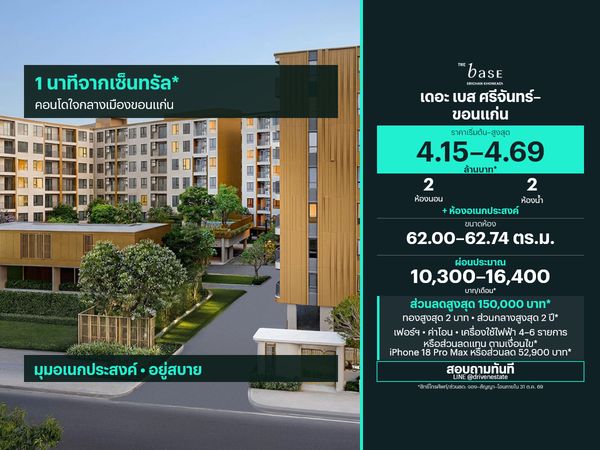 ขายคอนโด เดอะ เบส ศรีจันทร์–ขอนแก่น 62.00–62.74 ตร.ม.