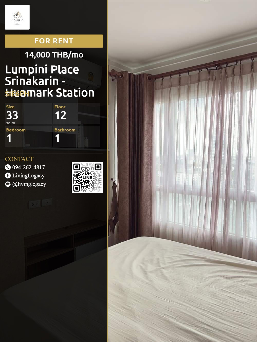 SIE6PH Urgent rent, Condo Lumpini Place Srinakarin - Huamark Station 33 sq m. | 12th floor | 1 bedroom, 1 bathroom, ready to move in, 14,000 baht/month LINE: @livinglegacy SIE6PH Urgent rent, Condo Lumpini Place Srinakarin - Huamark Station 33 sq m. | 12th floor | 1 bedroom, 1 bathroom, ready to move in, 14,000 baht/month LINE: @livinglegacy