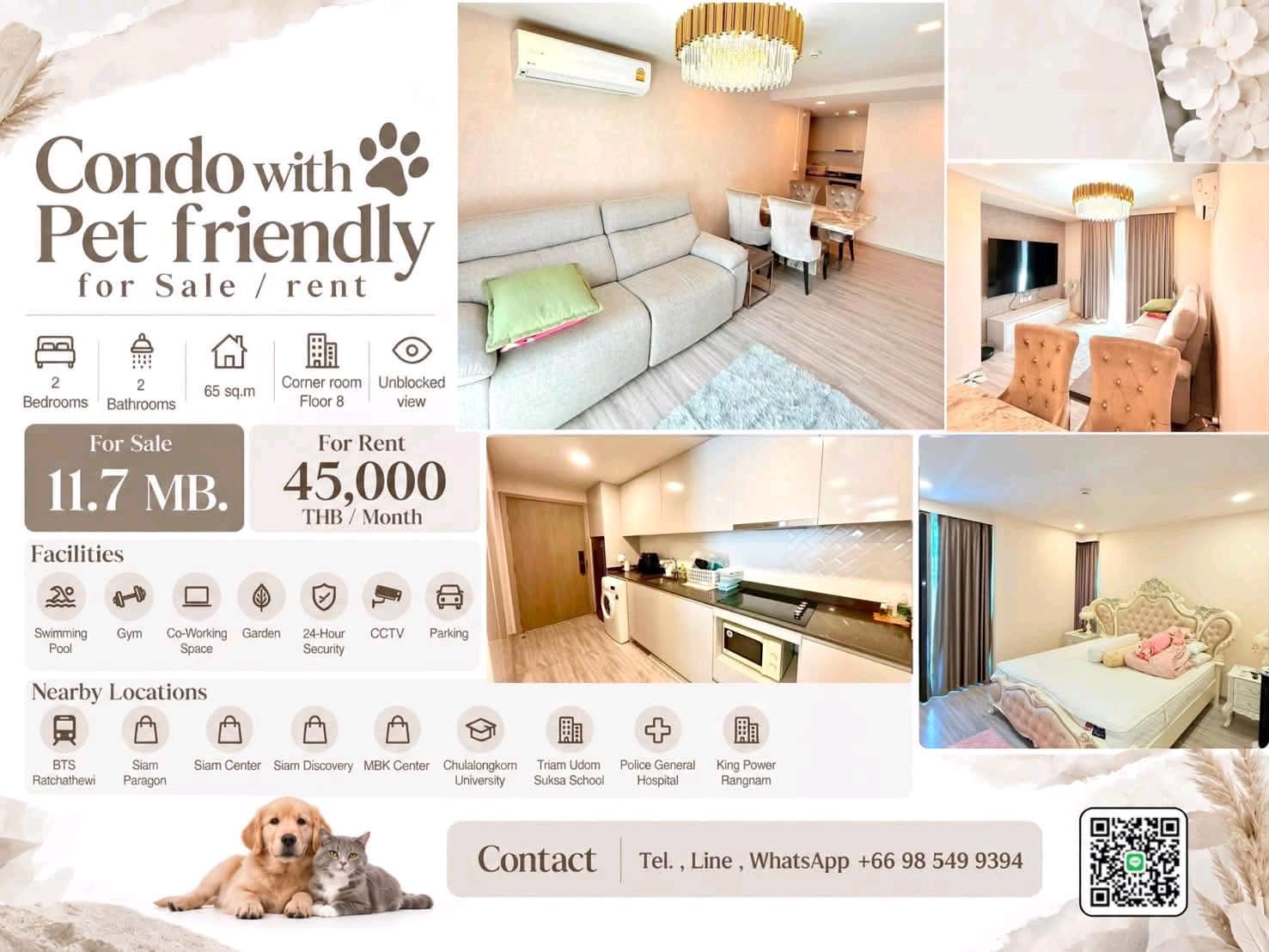🏢 Condo room for Sale / Rent | Pet friendly 🐈 @ 🚶🏻♂️walk few mins. to BTS Ratchathewi @ 📍 Location: Siam-Ratchathewi 💰 Sale Only for 11.7MB. / Rental Only for 45k. 📐 Size: 65 sq.m 🛏️ Type: 2 bedrooms 2 bathrooms (corner room) 🏙️ Floor: 8 🏢 Condo room for Sale / Rent | Pet friendly 🐈 @ 🚶🏻♂️walk few mins. to BTS Ratchathewi @ 📍 Location: Siam-Ratchathewi 💰 Sale Only for 11.7MB. / Rental Only for 45k. 📐 Size: 65 sq.m 🛏️ Type: 2 bedrooms 2 bathrooms (corner room) 🏙️ Floor: 8