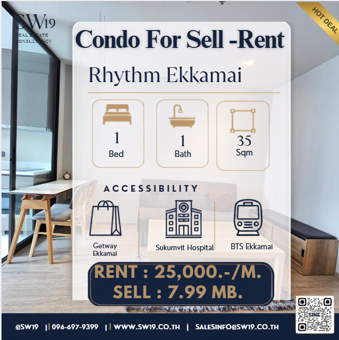 📍 Rhythm Ekkamai Type 1 bed Close kitchen, auspicious house number, total result is 3, enhances creativity!!