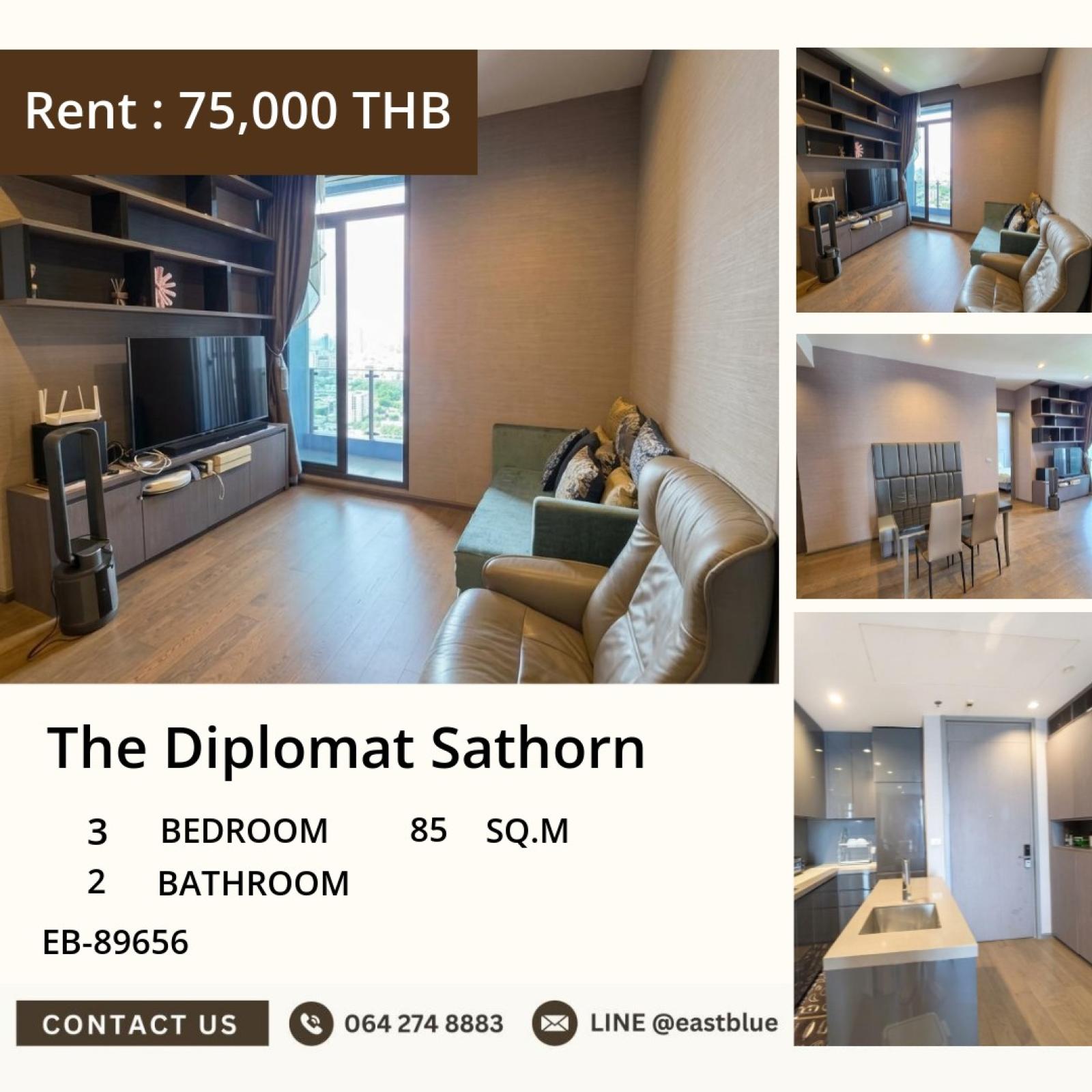 10/09/2026, 🏙️ Luxurious 3-Bed Condo at The Diplomat Sathorn - 85sqm, 75,000 THB/month 0642748883