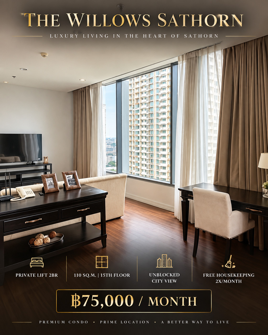 The Willows Sathorn | 2 ห้องนอน | 110 ตร.ม. | ลิฟต์ส่วนตัว | ฟรีแม่บ้าน | 75,000 บาท/เดือน The Willows Sathorn | 2 ห้องนอน | 110 ตร.ม. | ลิฟต์ส่วนตัว | ฟรีแม่บ้าน | 75,000 บาท/เดือน