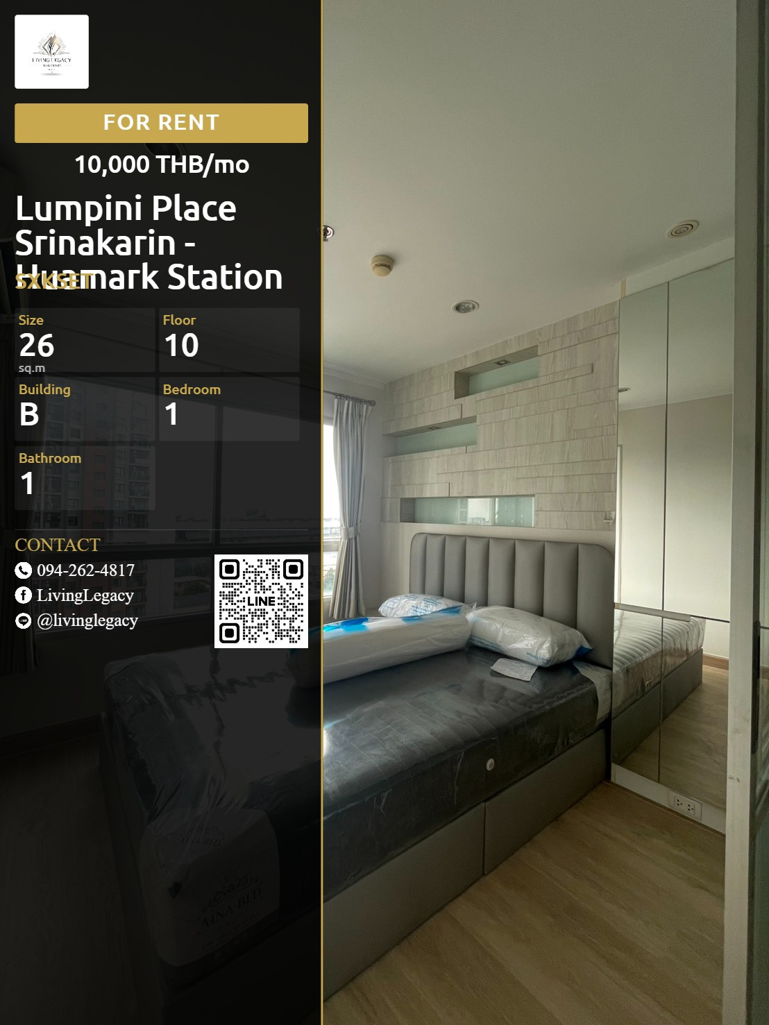 SXKSET Urgent rent, Condo Lumpini Place Srinakarin - Huamark Station 26 sq m, 10th floor | 1 bedroom, 1 bathroom | 10,000 baht/month | LINE: @livinglegacy SXKSET Urgent rent, Condo Lumpini Place Srinakarin - Huamark Station 26 sq m, 10th floor | 1 bedroom, 1 bathroom | 10,000 baht/month | LINE: @livinglegacy