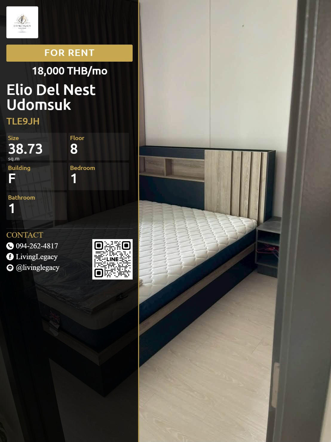 TLE9JH Urgent rent Condo Elio Del Nest Udomsuk 38.73 sq m. | 8th floor | 1 bedroom | 1 bathroom 18,000 baht/month line id : @livinglegacy TLE9JH Urgent rent Condo Elio Del Nest Udomsuk 38.73 sq m. | 8th floor | 1 bedroom | 1 bathroom 18,000 baht/month line id : @livinglegacy