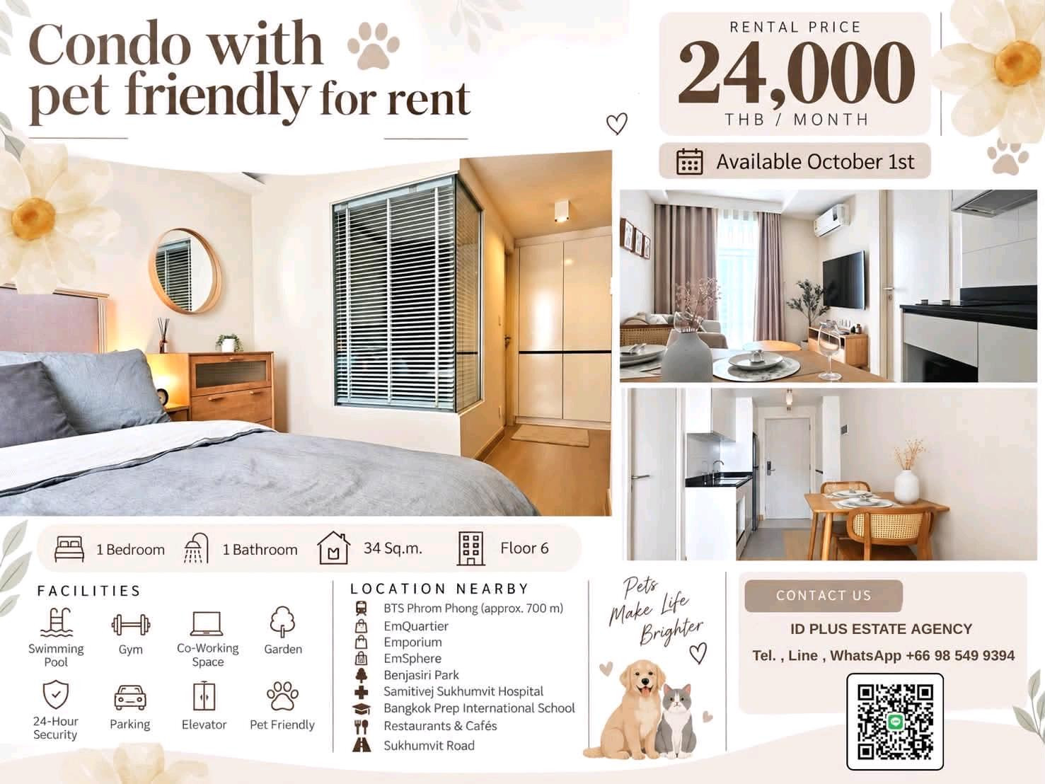 Condo Pet friendly for rent 🐈 1 bedroom 1 bathroom for 34 sq.m 6th floor. fully furnished and electrical appliances. To EmQuartier 1.1 Km. Rental Only for 24,000 / m. Condo Pet friendly for rent 🐈 1 bedroom 1 bathroom for 34 sq.m 6th floor. fully furnished and electrical appliances. To EmQuartier 1.1 Km. Rental Only for 24,000 / m.