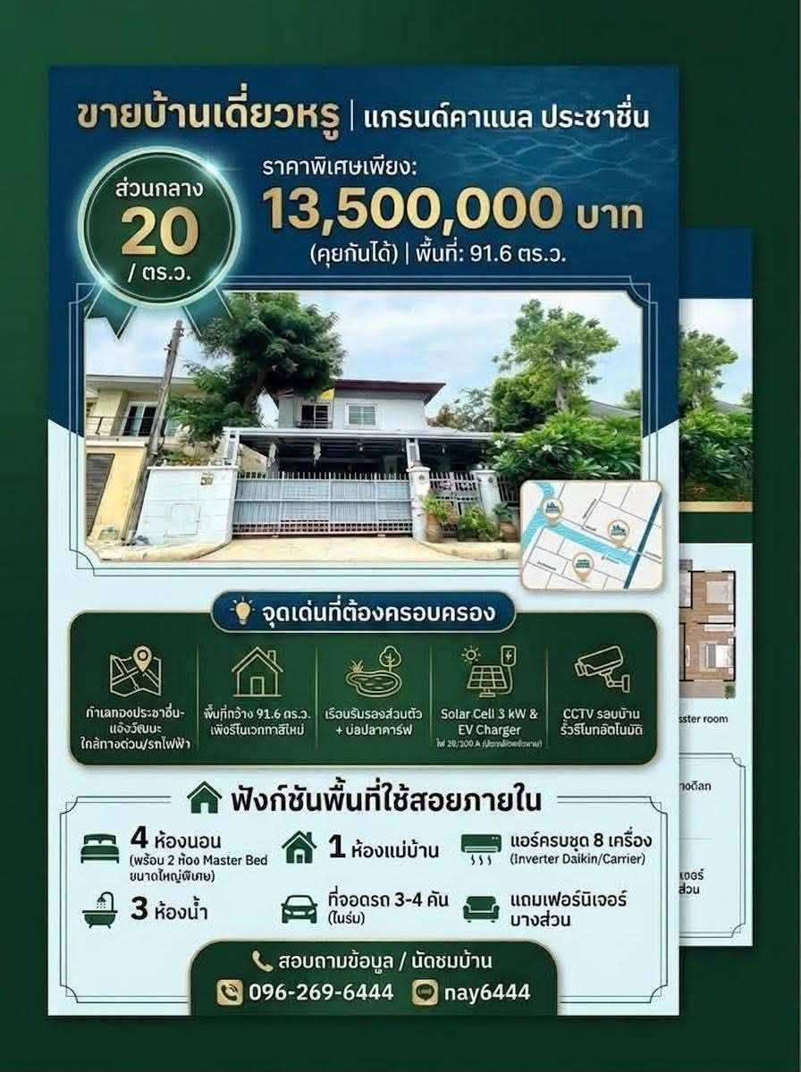 ขายถูกมาก!! บ้านเดี่ยว 2 ชั้น ม.แกรนด์คาแนล ประชาชื่น ทำเลทองใกล้รถไฟฟ้า ทางด่วน เดอะมอลล์งามวงศ์วาน ขายถูกมาก!! บ้านเดี่ยว 2 ชั้น ม.แกรนด์คาแนล ประชาชื่น ทำเลทองใกล้รถไฟฟ้า ทางด่วน เดอะมอลล์งามวงศ์วาน