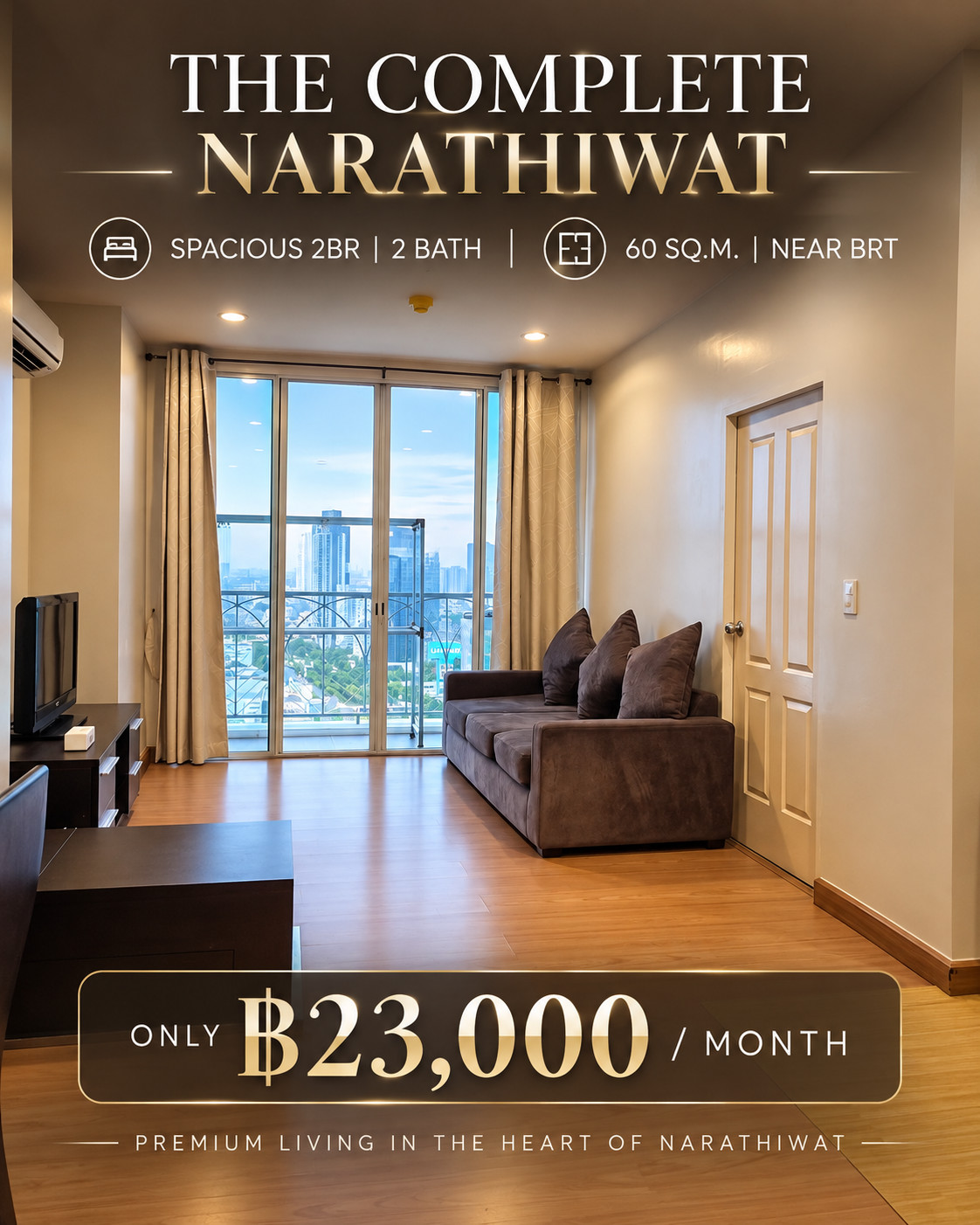 The Complete Narathiwat | 2 ห้องนอน 2 ห้องน้ำ | 60 ตร.ม. | ใกล้ BRT | 23,000 บาท/เดือน The Complete Narathiwat | 2 ห้องนอน 2 ห้องน้ำ | 60 ตร.ม. | ใกล้ BRT | 23,000 บาท/เดือน