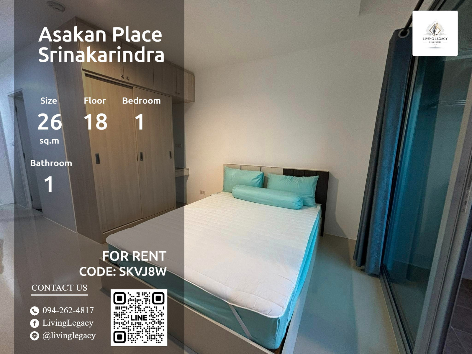 SKVJ8W เช่าด่วน คอนโด Asakan Place Srinakarindra 26 ตร.ม. | ชั้น 18 | 1 ห้องนอน | 1 ห้องน้ำ 7,500 บาท/เดือน line id : @livinglegacy SKVJ8W เช่าด่วน คอนโด Asakan Place Srinakarindra 26 ตร.ม. | ชั้น 18 | 1 ห้องนอน | 1 ห้องน้ำ 7,500 บาท/เดือน line id : @livinglegacy