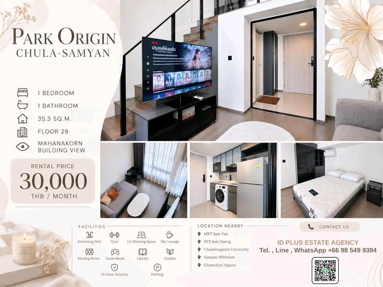 Park Origin Chula-Samyan for rent 1 bedroom 1 bathroom with high-ceiling room for 35.3 sq.m Mahanakorn building View on 29th floor. fully furnished and electrical appliances. Walk 9 mins. to MRT Samyan. Rental Only for 30,000 / m. Park Origin Chula-Samyan for rent 1 bedroom 1 bathroom with high-ceiling room for 35.3 sq.m Mahanakorn building View on 29th floor. fully furnished and electrical appliances. Walk 9 mins. to MRT Samyan. Rental Only for 30,000 / m.
